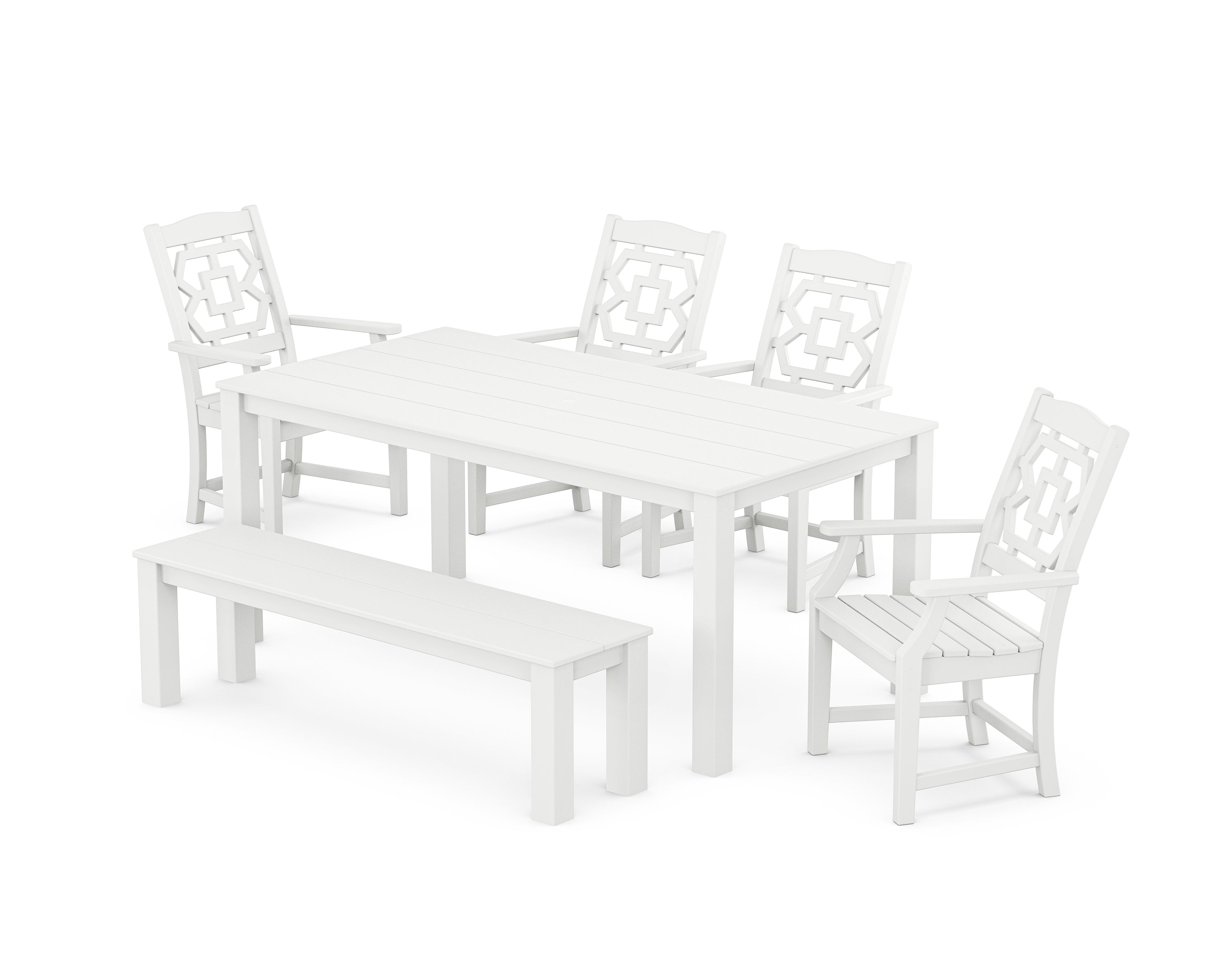 Martha Stewart by POLYWOOD Chinoiserie 6-Piece Parsons Dining Set with Bench in White