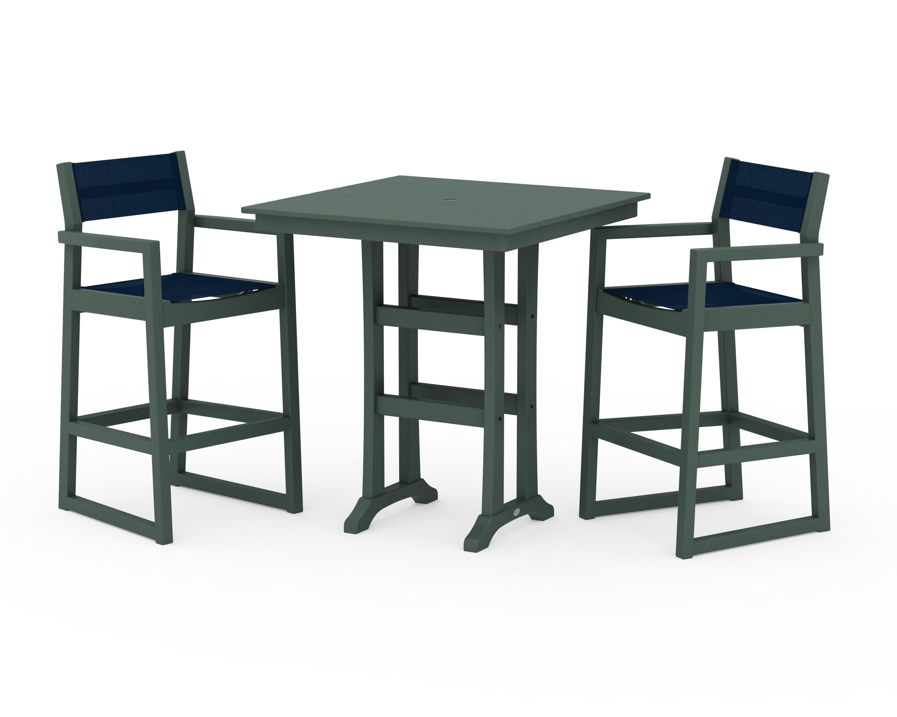 POLYWOOD EDGE Sling Arm Chair 3-Piece Farmhouse Bar Set with Trestle Legs in Green / Navy Blue Sling