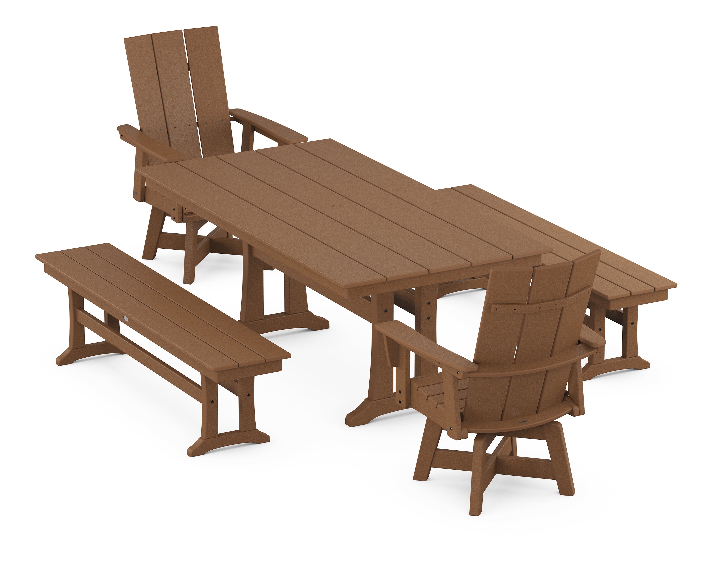 POLYWOOD® Modern Curveback Adirondack Swivel Chair 5-Piece Farmhouse Dining Set With Trestle Legs and Benches in Teak