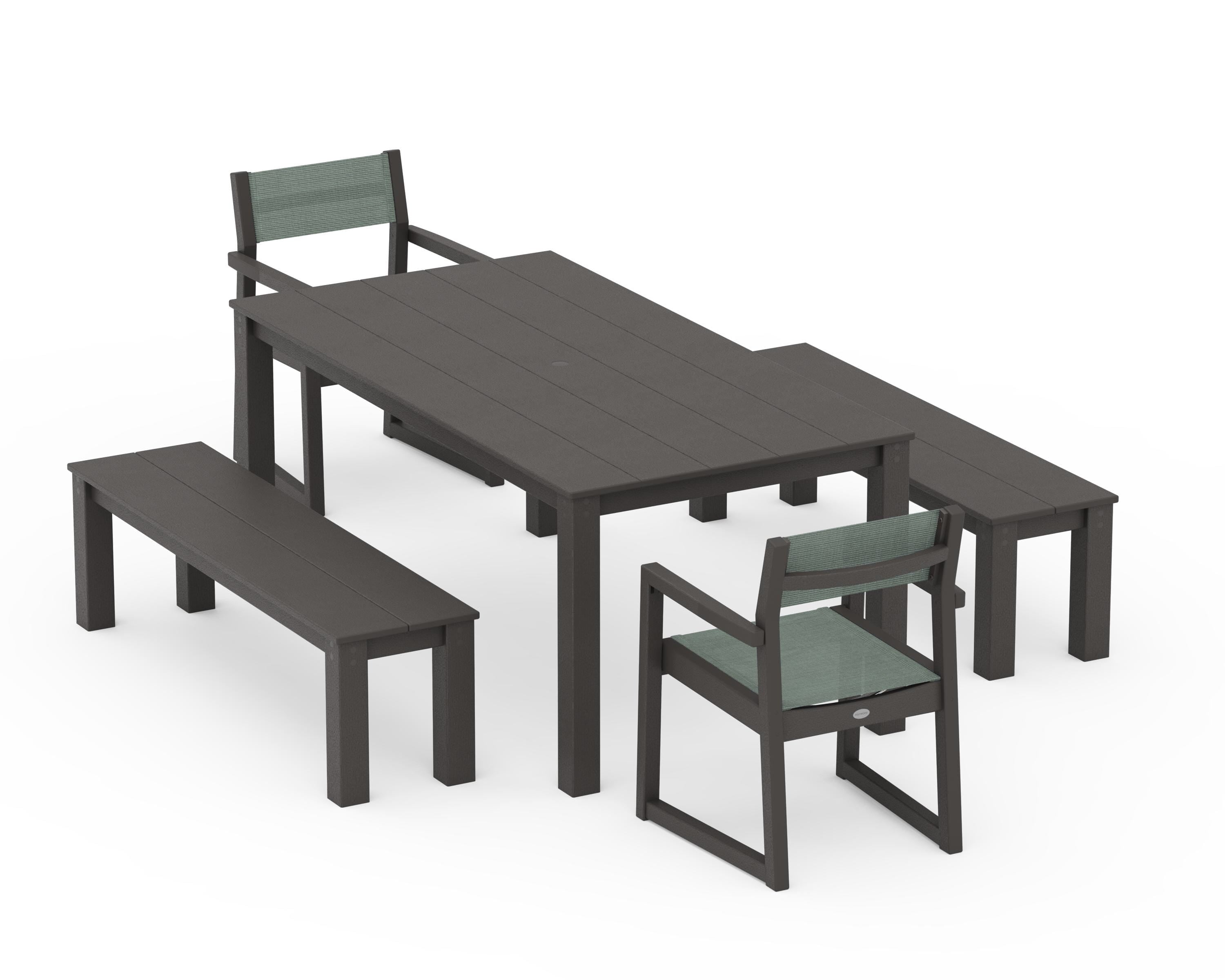 POLYWOOD EDGE Sling Arm Chair 5-Piece Parsons Dining Set with Benches in Vintage Coffee / Dupioni Sea Mist Sling