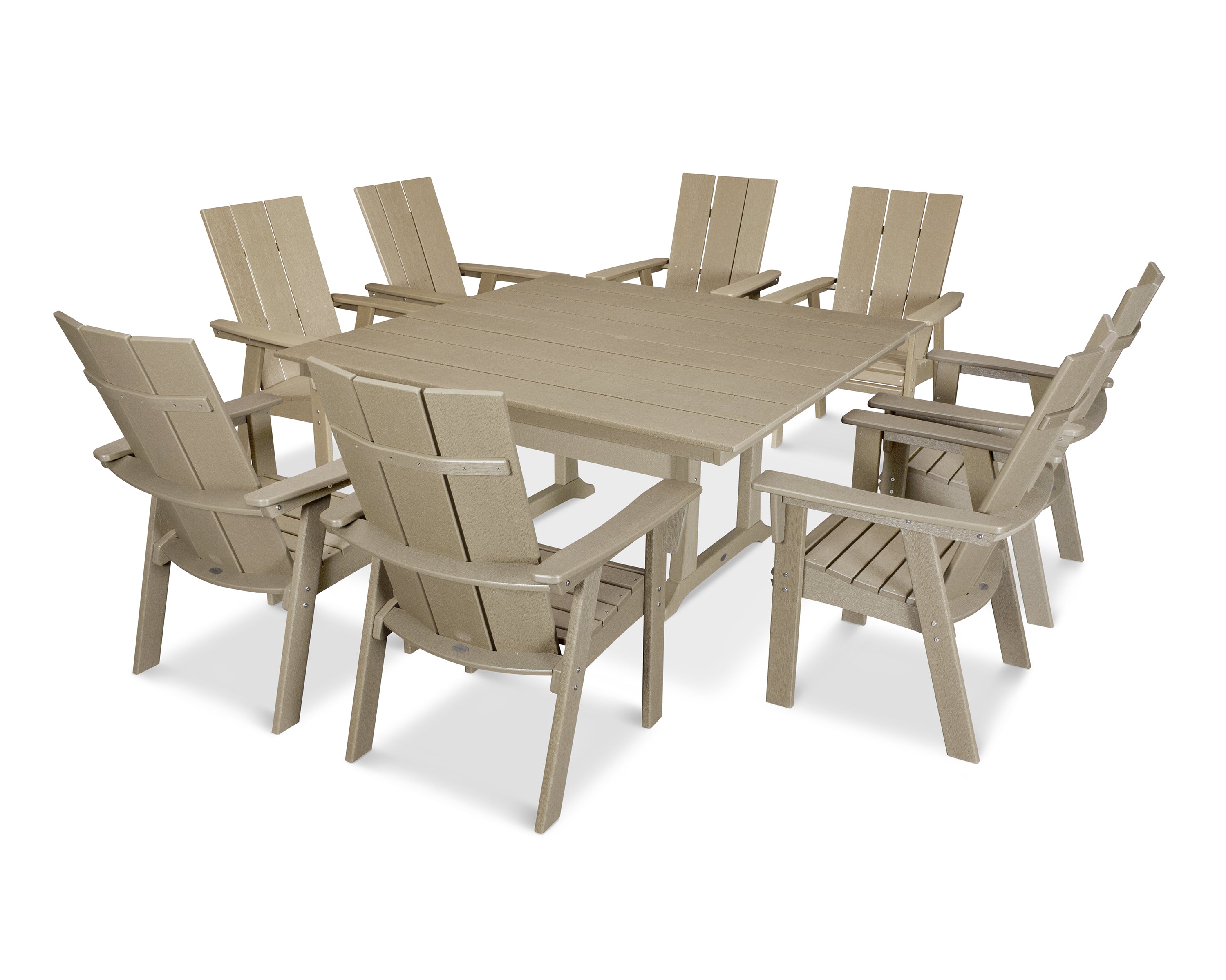 POLYWOOD® Modern Curveback Adirondack 9-Piece Farmhouse Trestle Dining Set in Vintage Sahara