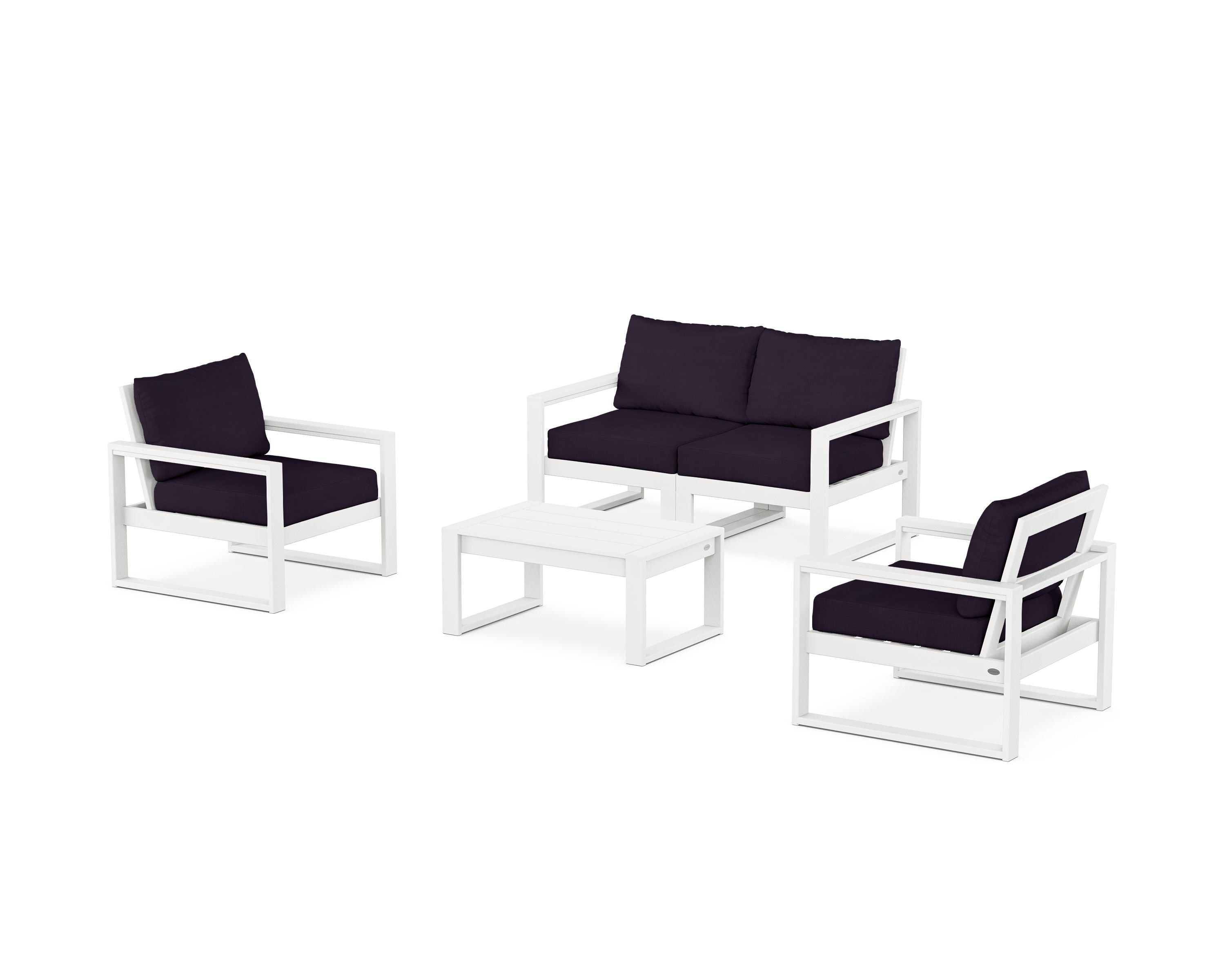 POLYWOOD EDGE Sectional 4-Piece Deep Seating Set with Loveseat in White / Navy Linen