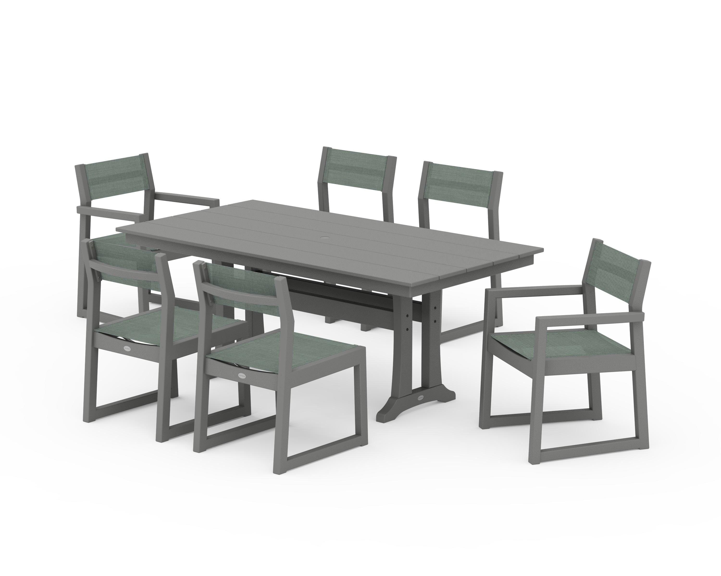 POLYWOOD EDGE Sling 7-Piece Farmhouse Trestle Dining Set in Slate Grey / Dupioni Sea Mist Sling