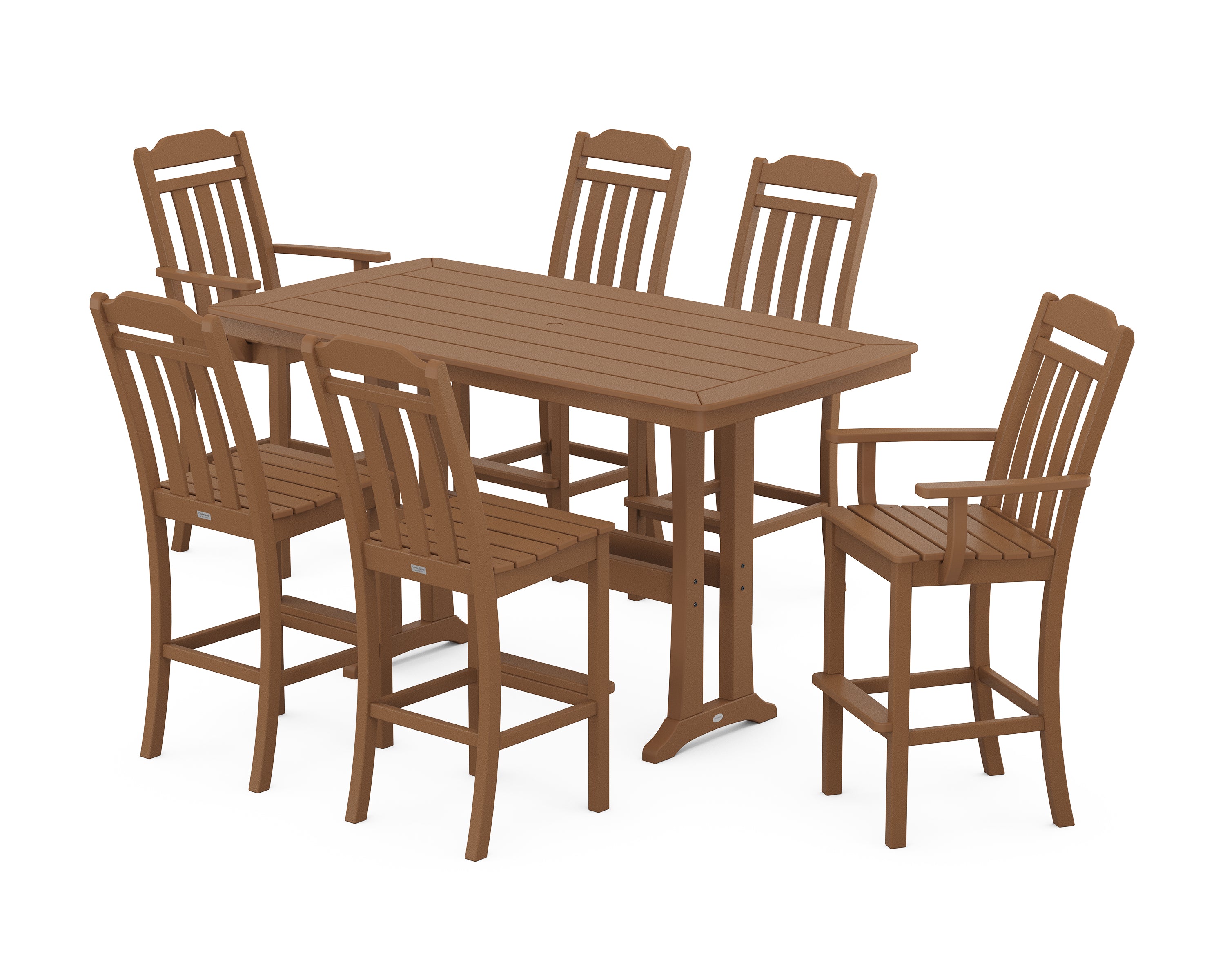 POLYWOOD Country Living 7-Piece Bar Set with Trestle Legs in Teak