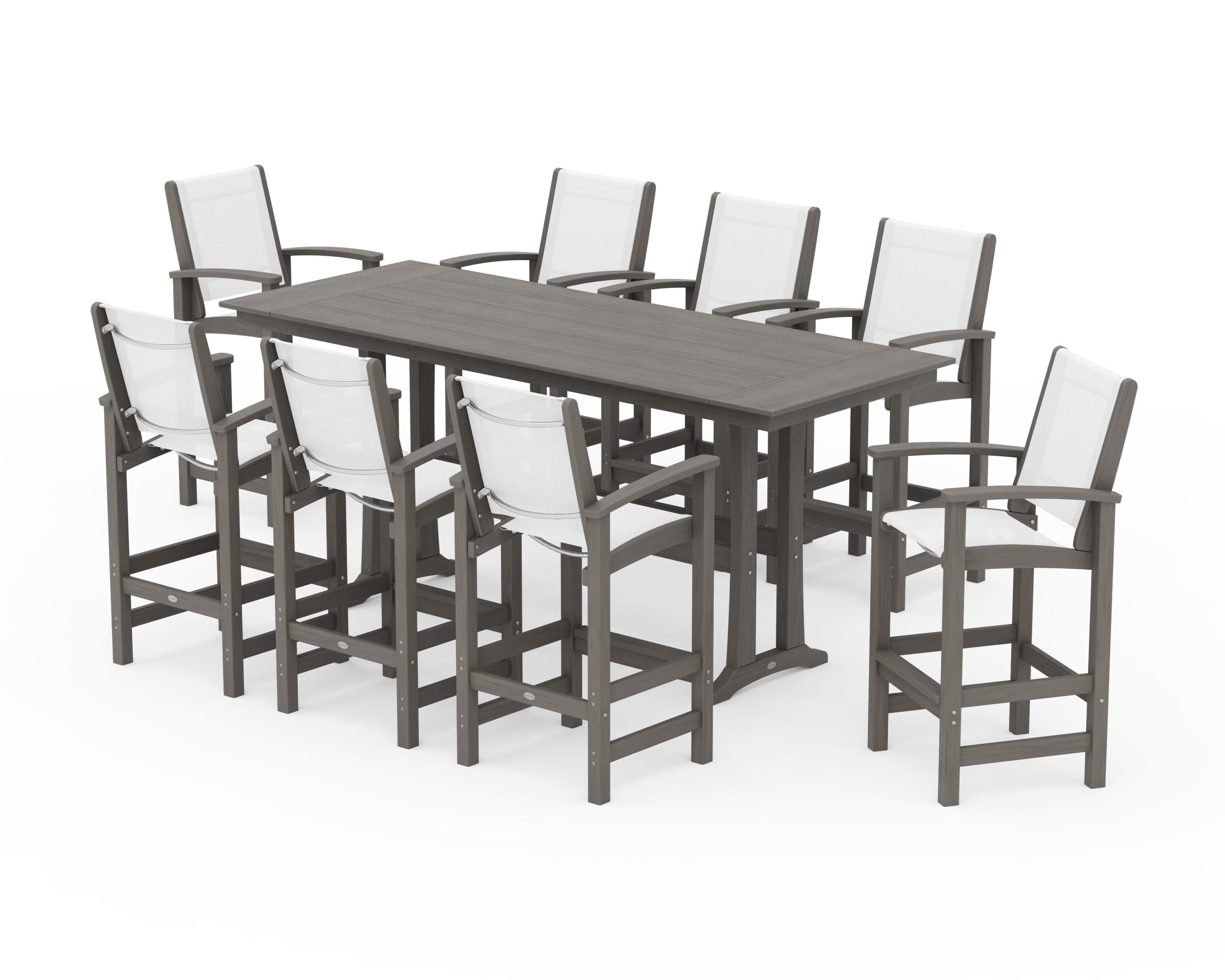 POLYWOOD Coastal 9-Piece Farmhouse Bar Set with Trestle Legs in Driftwood / White Sling