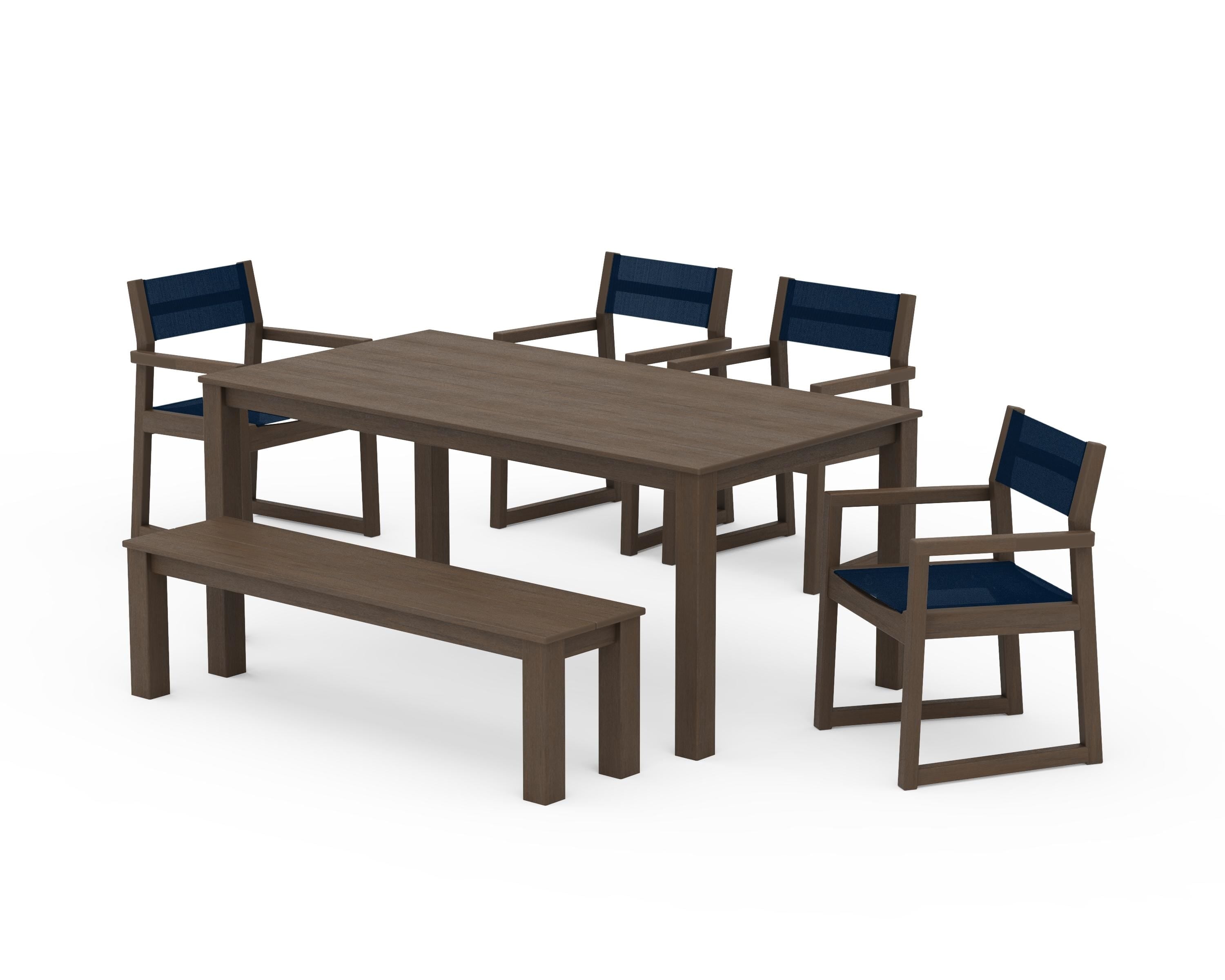 POLYWOOD EDGE Sling Arm Chair 6-Piece Parsons Dining Set with Bench in Kona / Navy Blue Sling