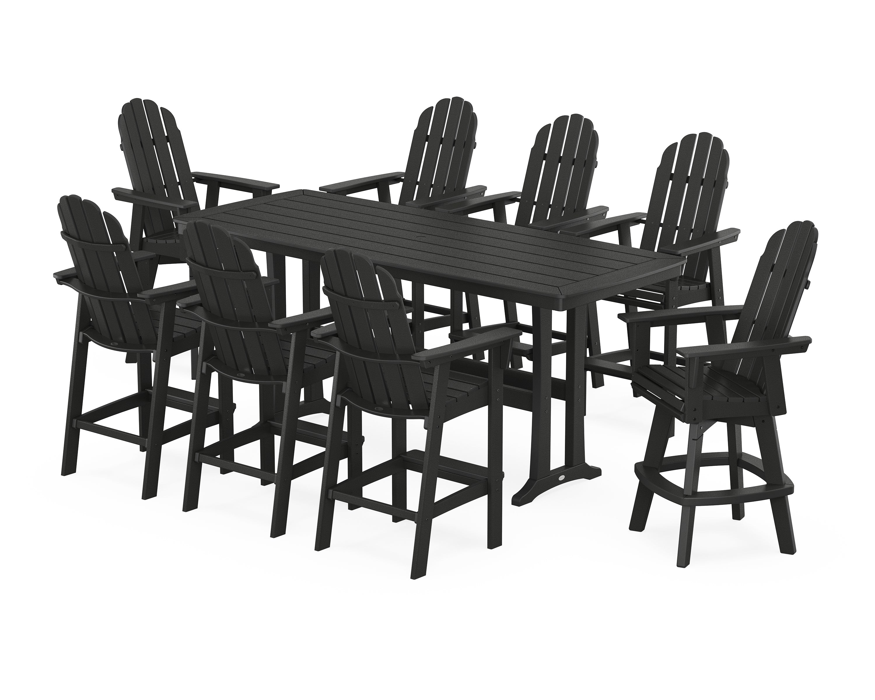 POLYWOOD® Vineyard Curveback Adirondack Swivel 9-Piece Bar Set with Trestle Legs in Black