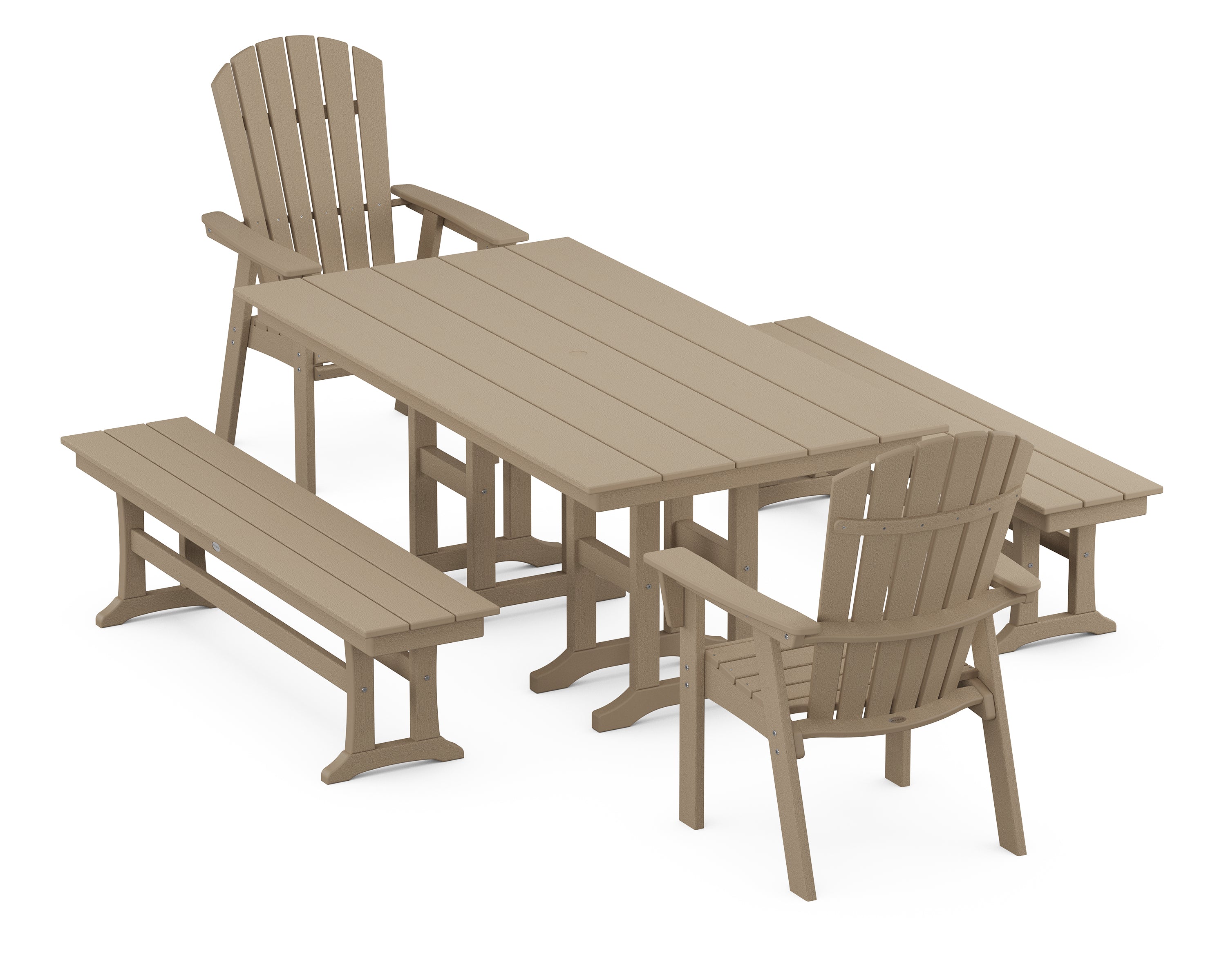 POLYWOOD® Nautical Curveback Adirondack 5-Piece Farmhouse Dining Set with Benches in Vintage Sahara