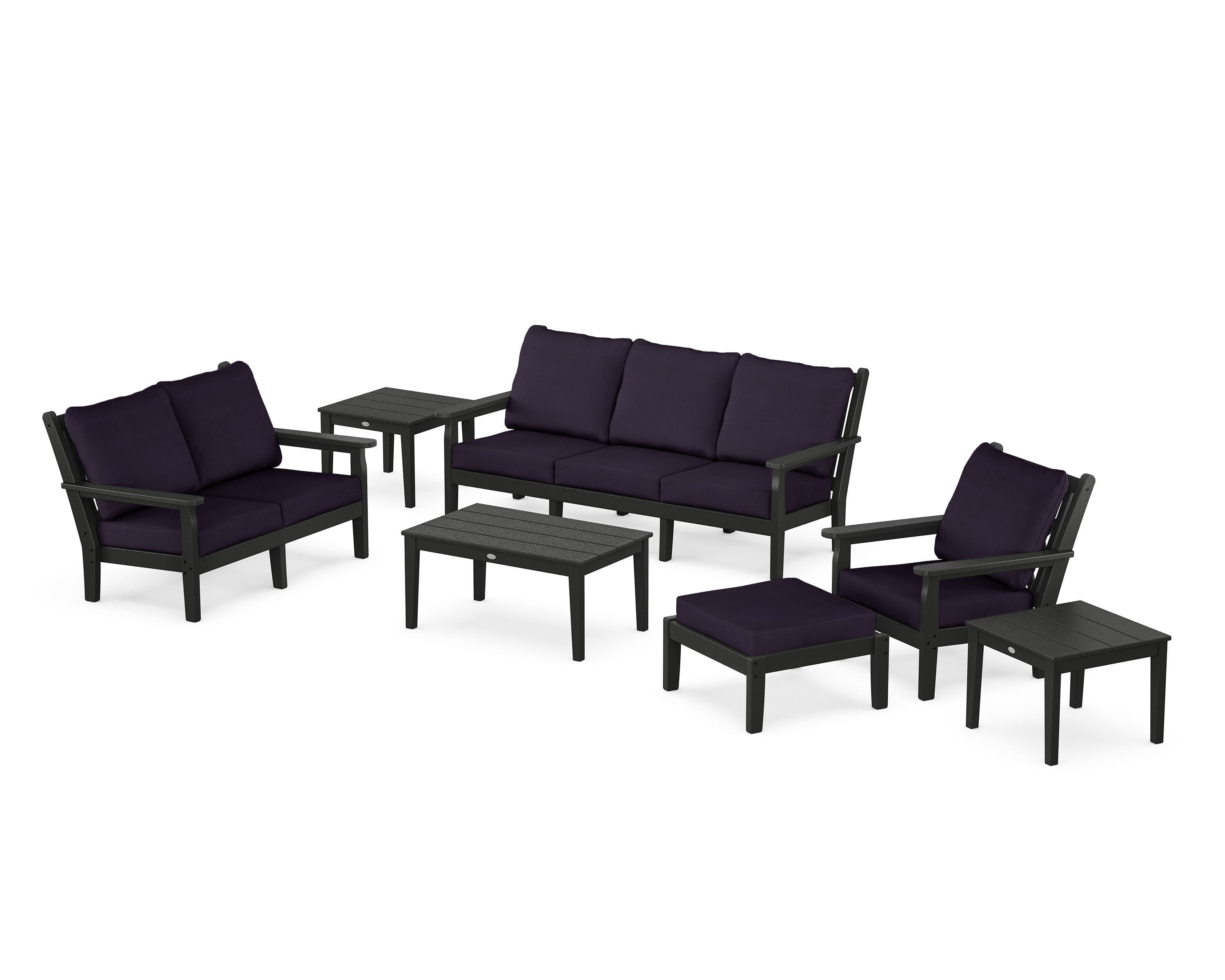 POLYWOOD Chippendale 7-Piece Deep Seating Set in Black / Navy Linen