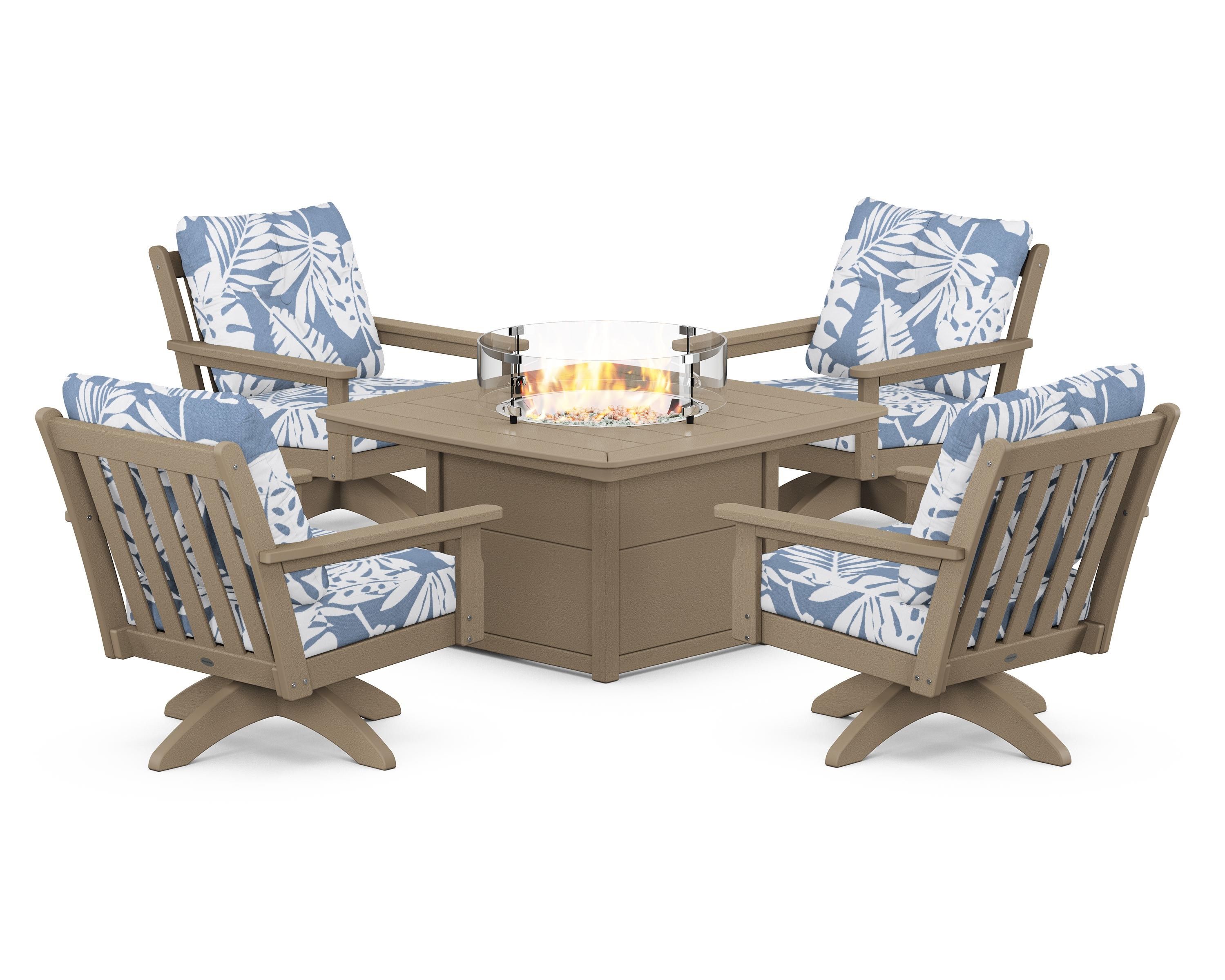 POLYWOOD Vineyard 5-Piece Deep Seating Swivel Conversation Set with Fire Pit Table in Vintage Sahara / Leaf Sky Blue