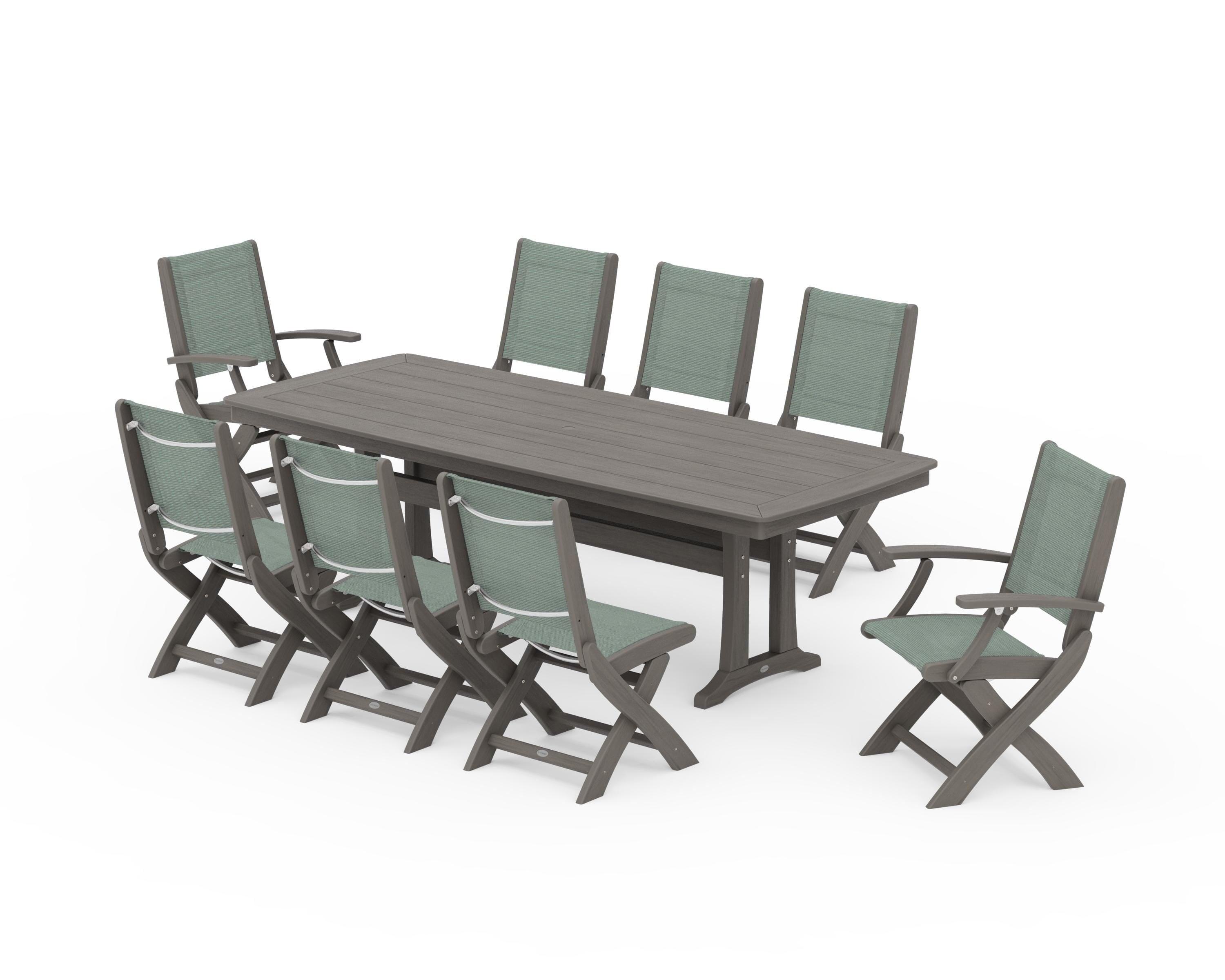 POLYWOOD Coastal Folding 9-Piece Dining Set with Trestle Legs in Driftwood / Dupioni Sea Mist Sling