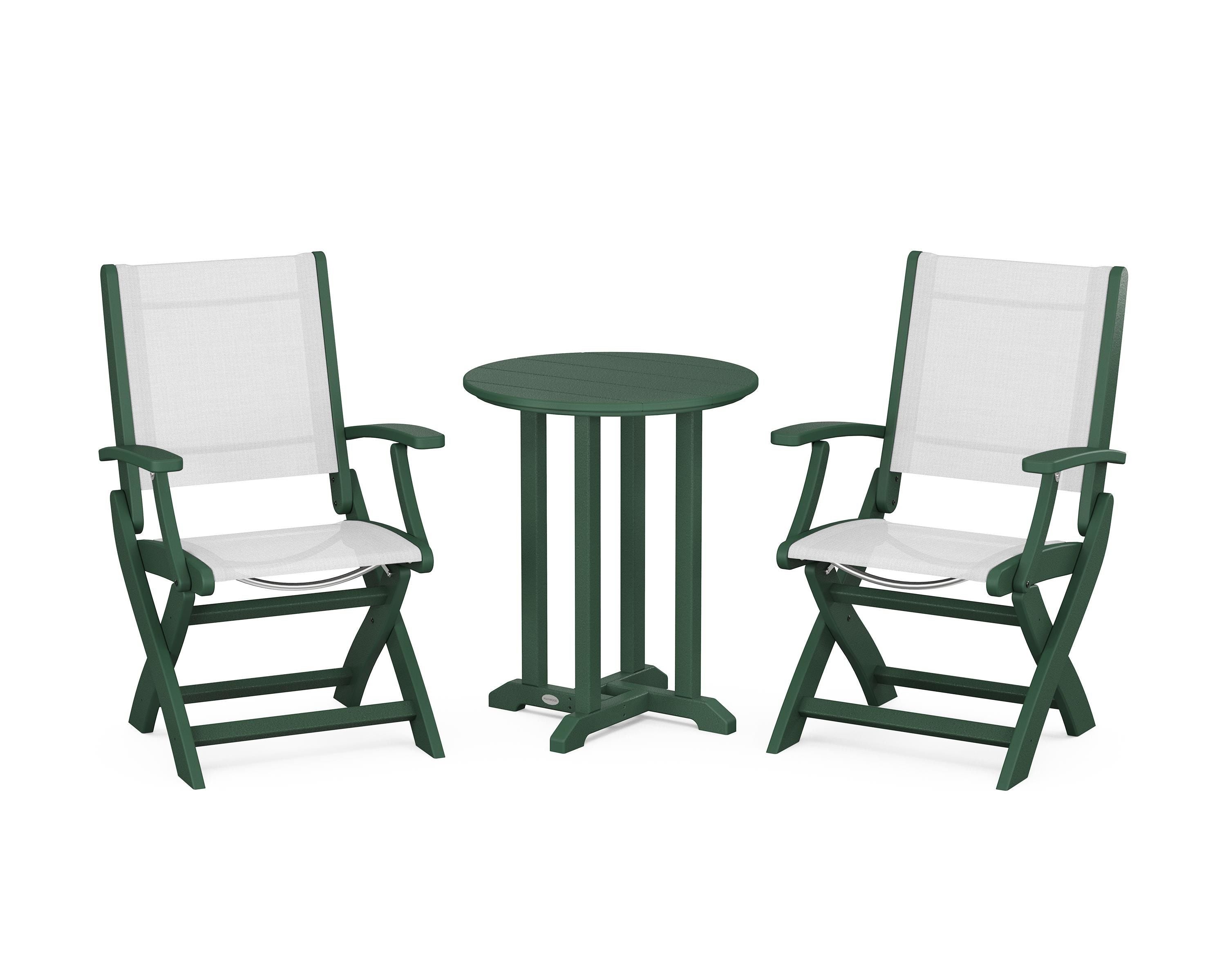 POLYWOOD Coastal Folding 3-Piece Round Bistro Dining Set in Green / White Sling