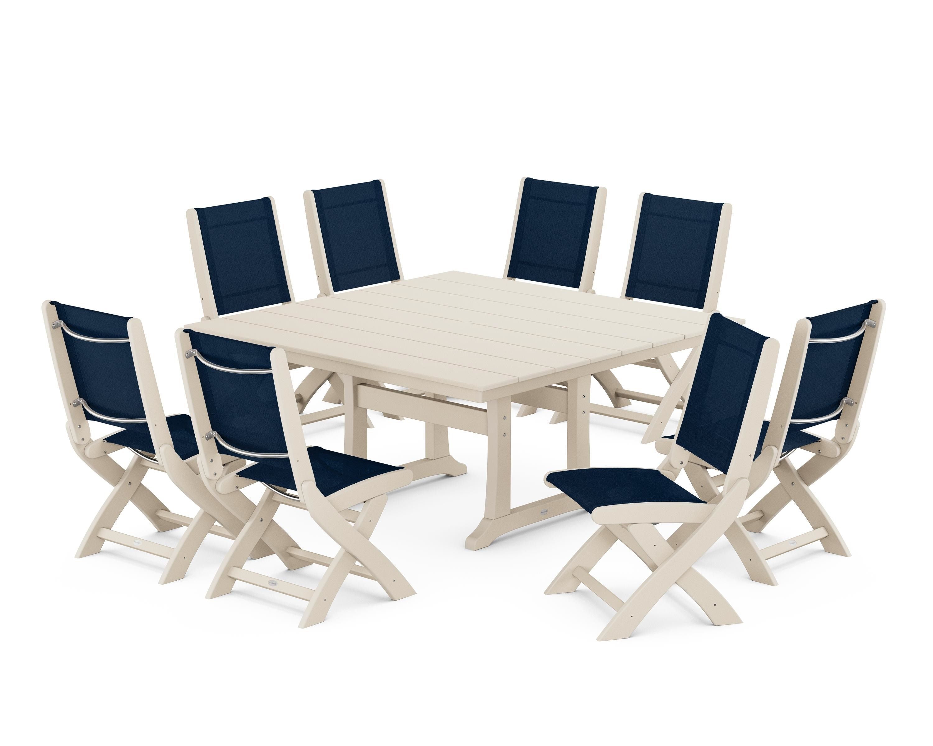 POLYWOOD Coastal Folding Side Chair 9-Piece Farmhouse Dining Set in Sand / Navy Blue Sling