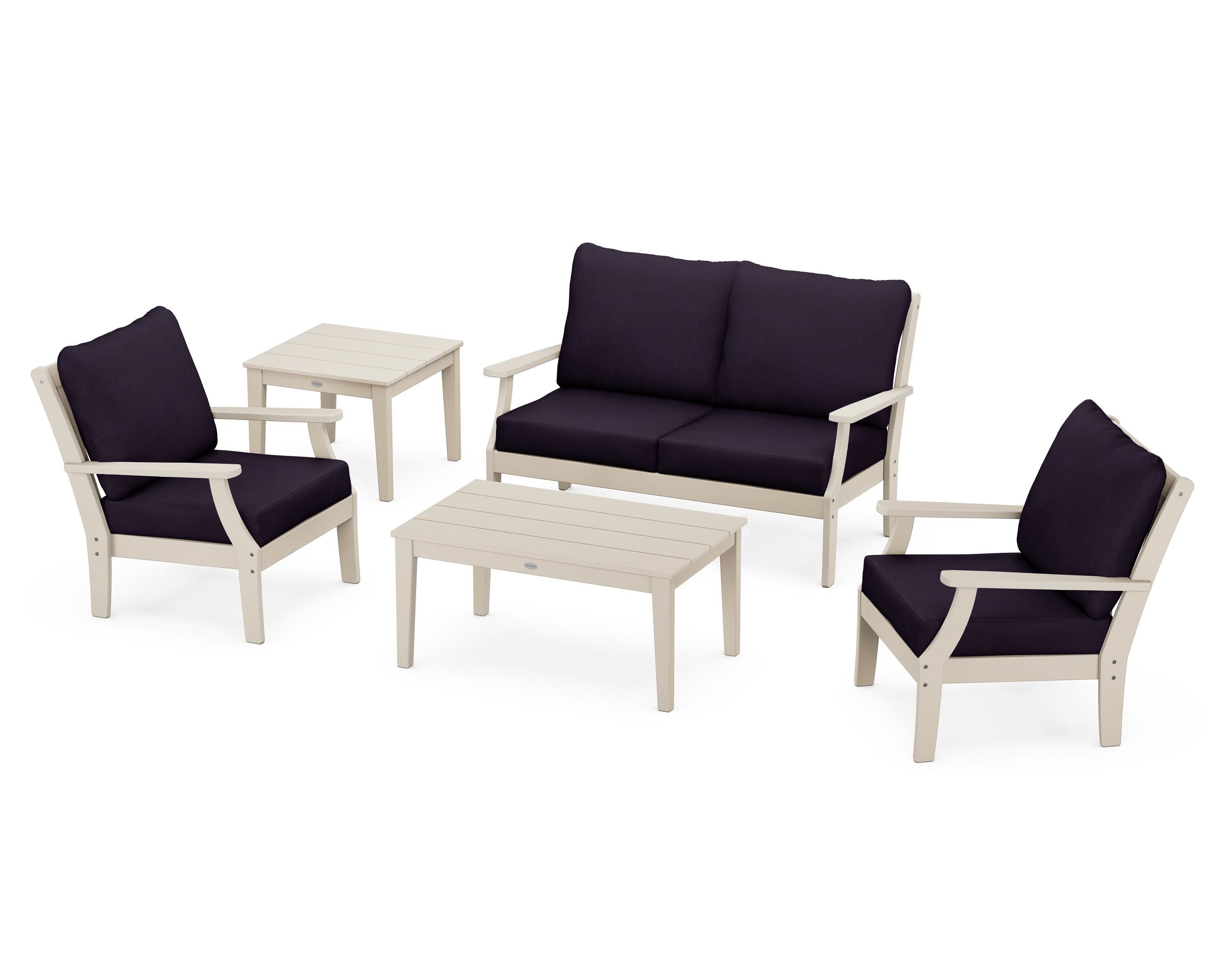 POLYWOOD Braxton 5-Piece Deep Seating Set in Sand / Navy Linen