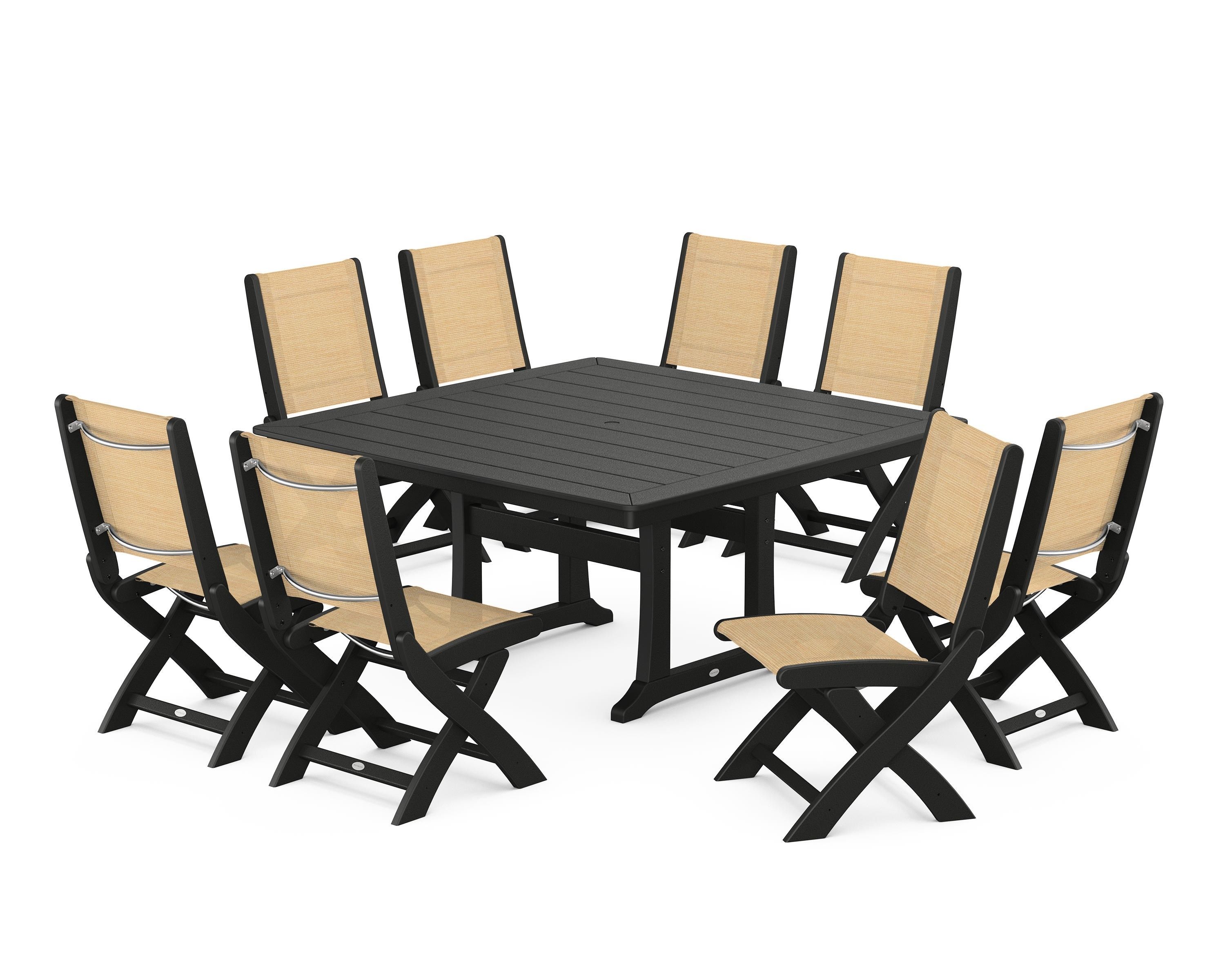 POLYWOOD Coastal Folding Side Chair 9-Piece Dining Set with Trestle Legs in Black / Dupioni Apricot Sling