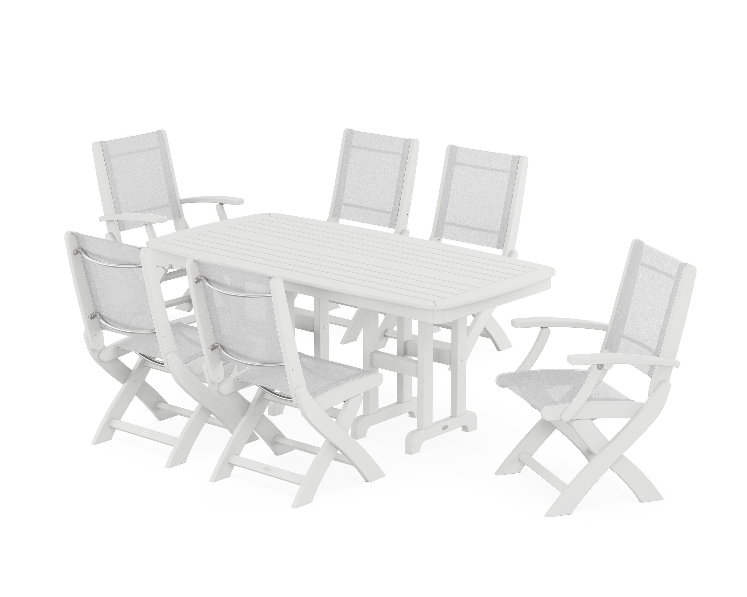 POLYWOOD Coastal Folding Chair 7-Piece Dining Set in White / White Sling