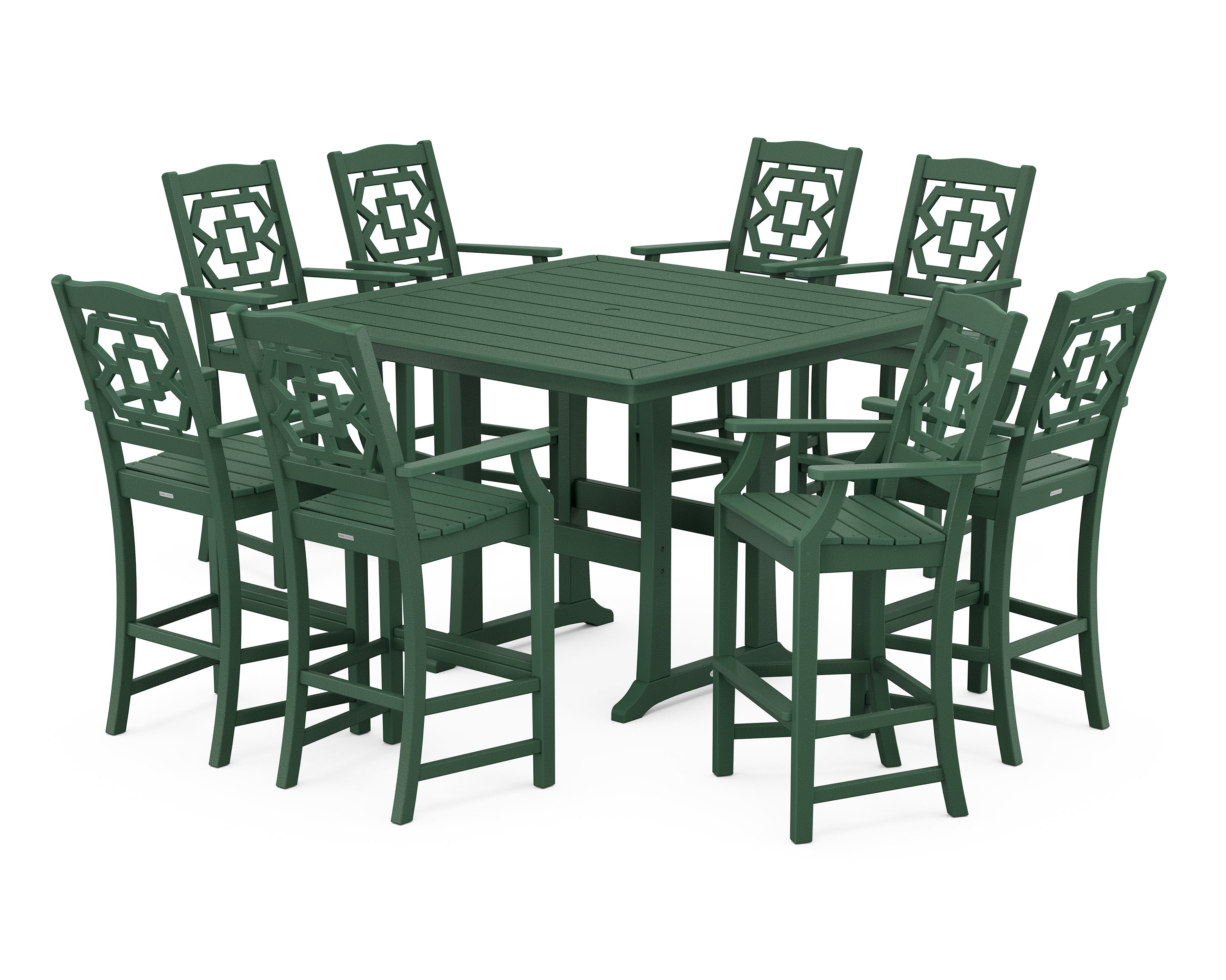 Martha Stewart by POLYWOOD Chinoiserie 9-Piece Square Bar Set with Trestle Legs in Green