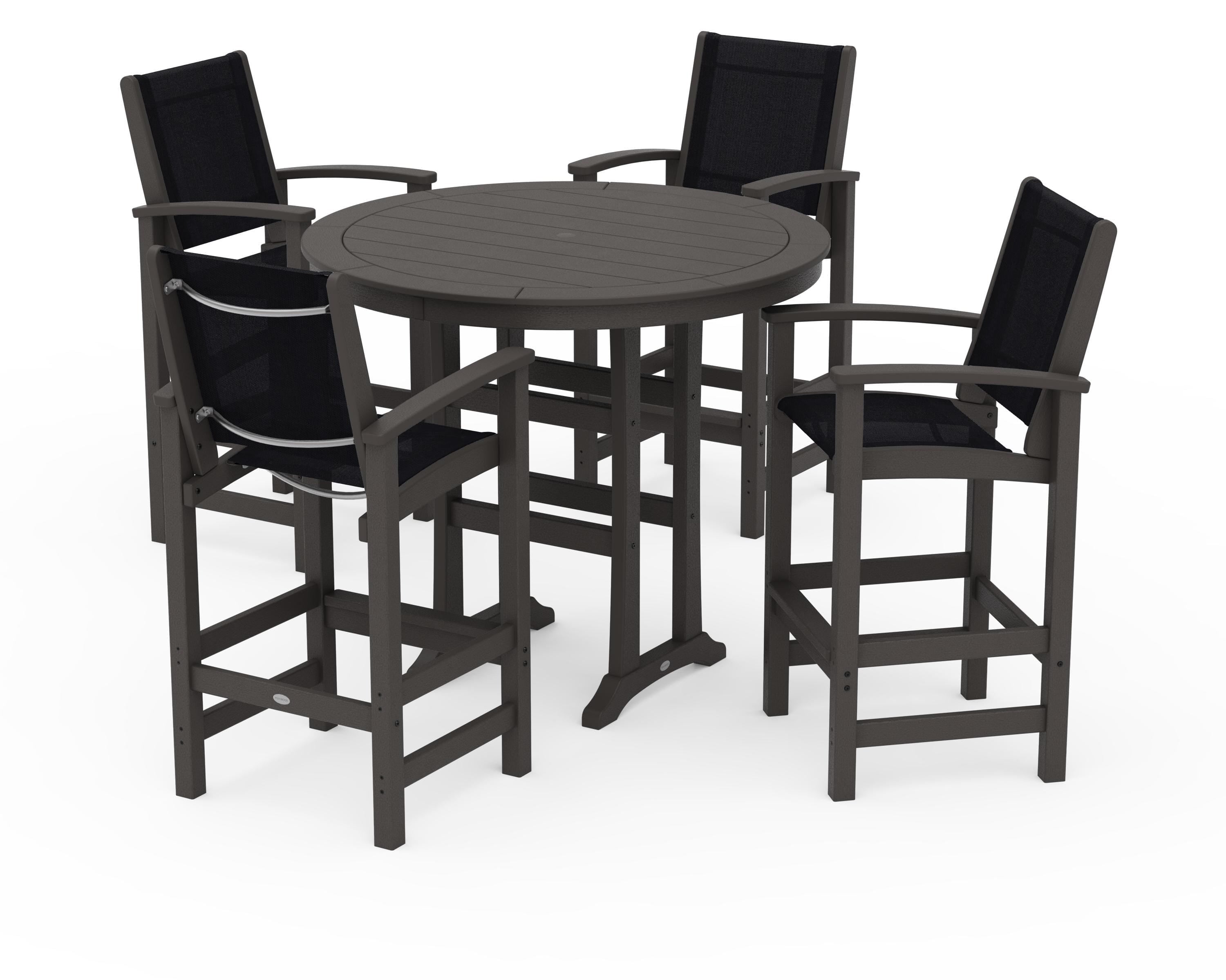 POLYWOOD Coastal 5-Piece Nautical Trestle Bar Set in Vintage Coffee / Black Sling