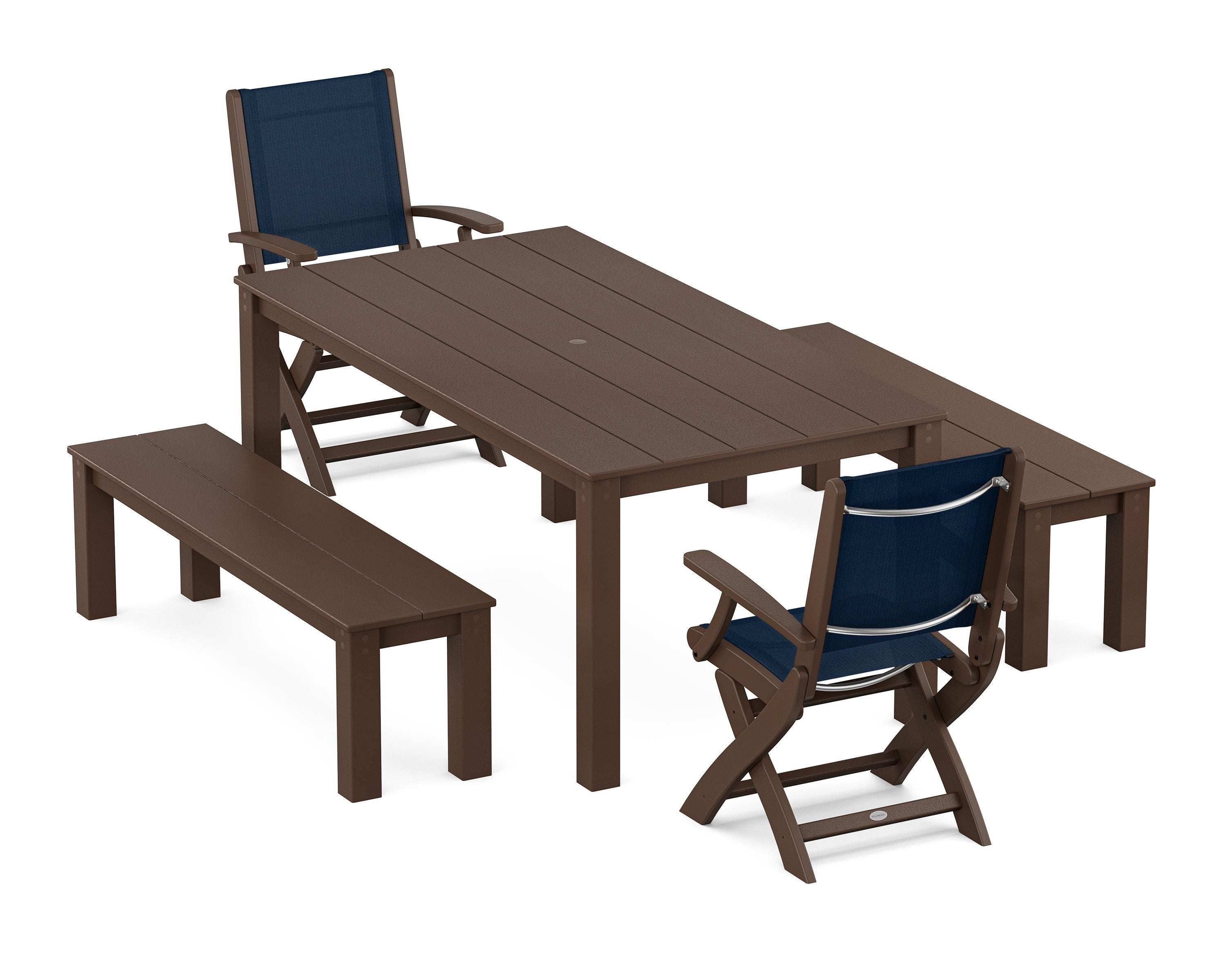 POLYWOOD Coastal Folding Chair 5-Piece Parsons Dining Set with Benches in Mahogany / Navy Blue Sling