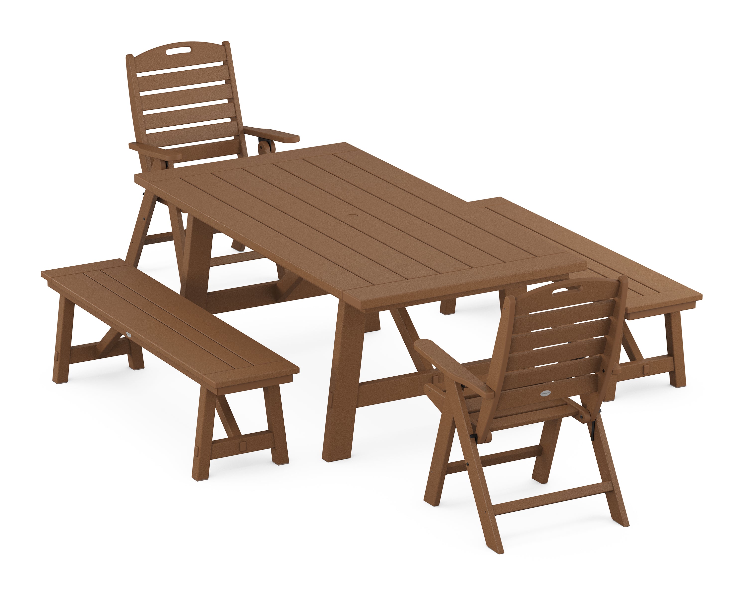 POLYWOOD Nautical Folding Highback Chair 5-Piece Rustic Farmhouse Dining Set With Benches in Teak