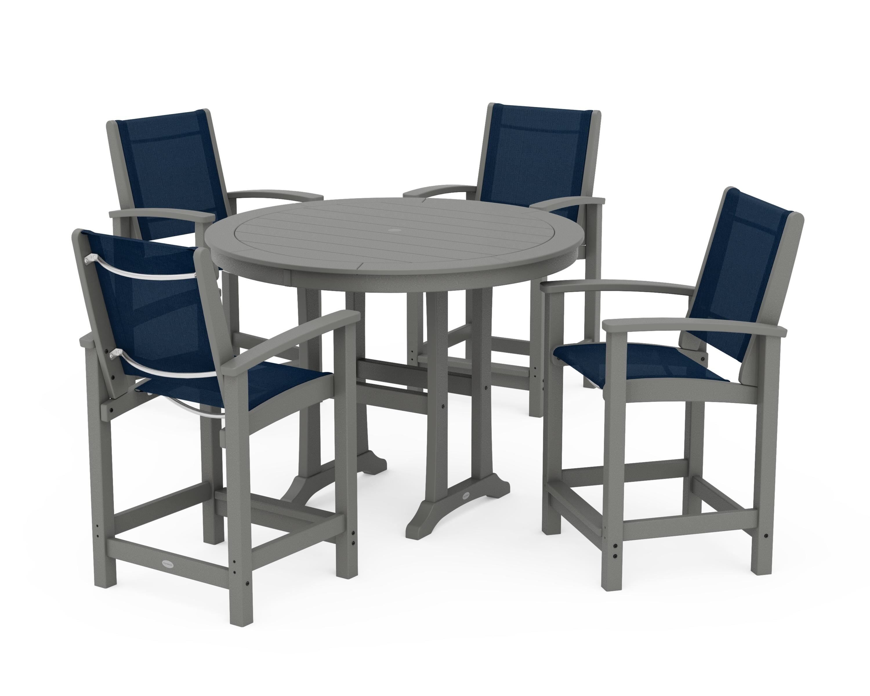 POLYWOOD Coastal 5-Piece Counter Set in Slate Grey / Navy Blue Sling