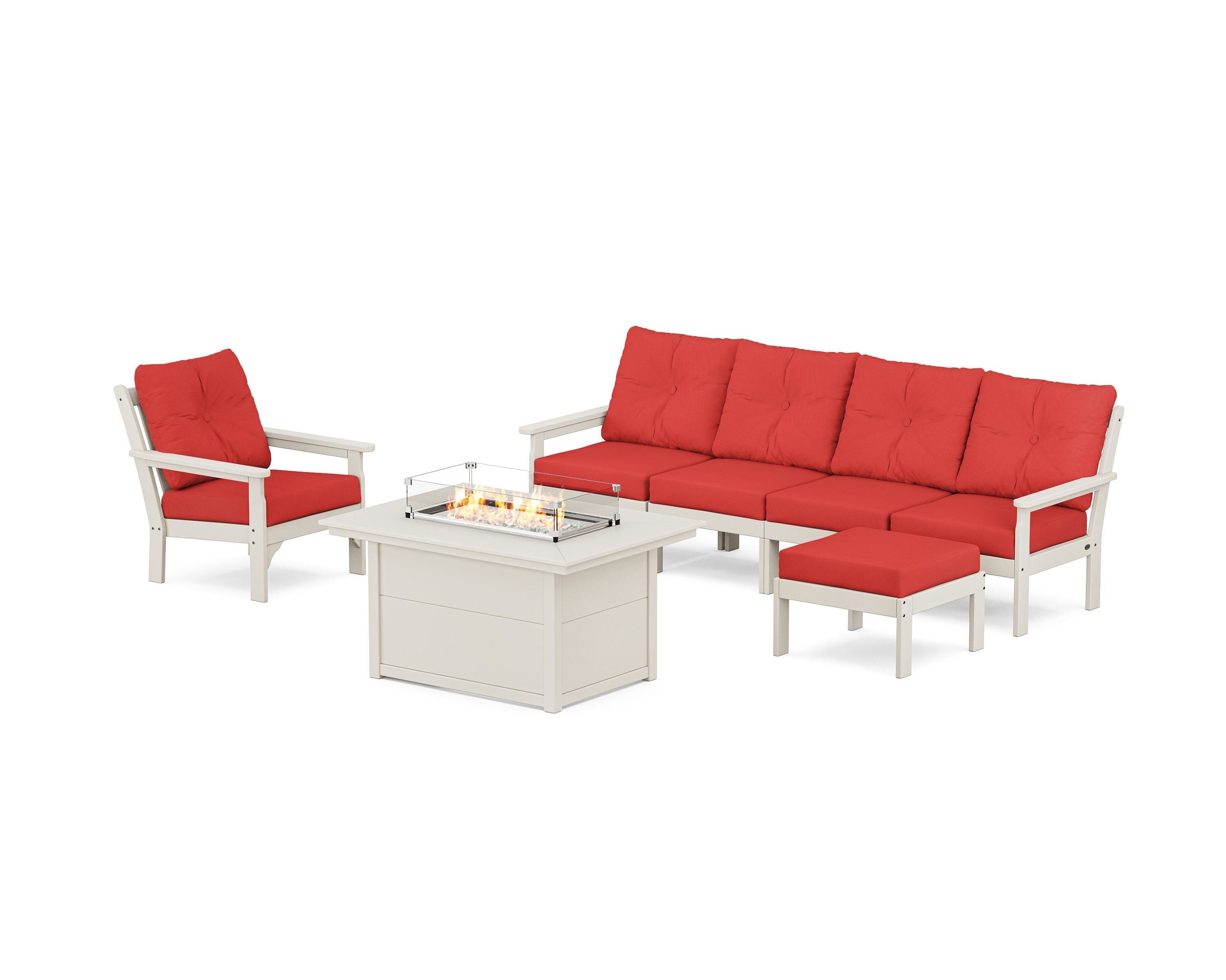 POLYWOOD Vineyard Sectional Lounge and Fire Pit Set in Sand / Crimson Linen