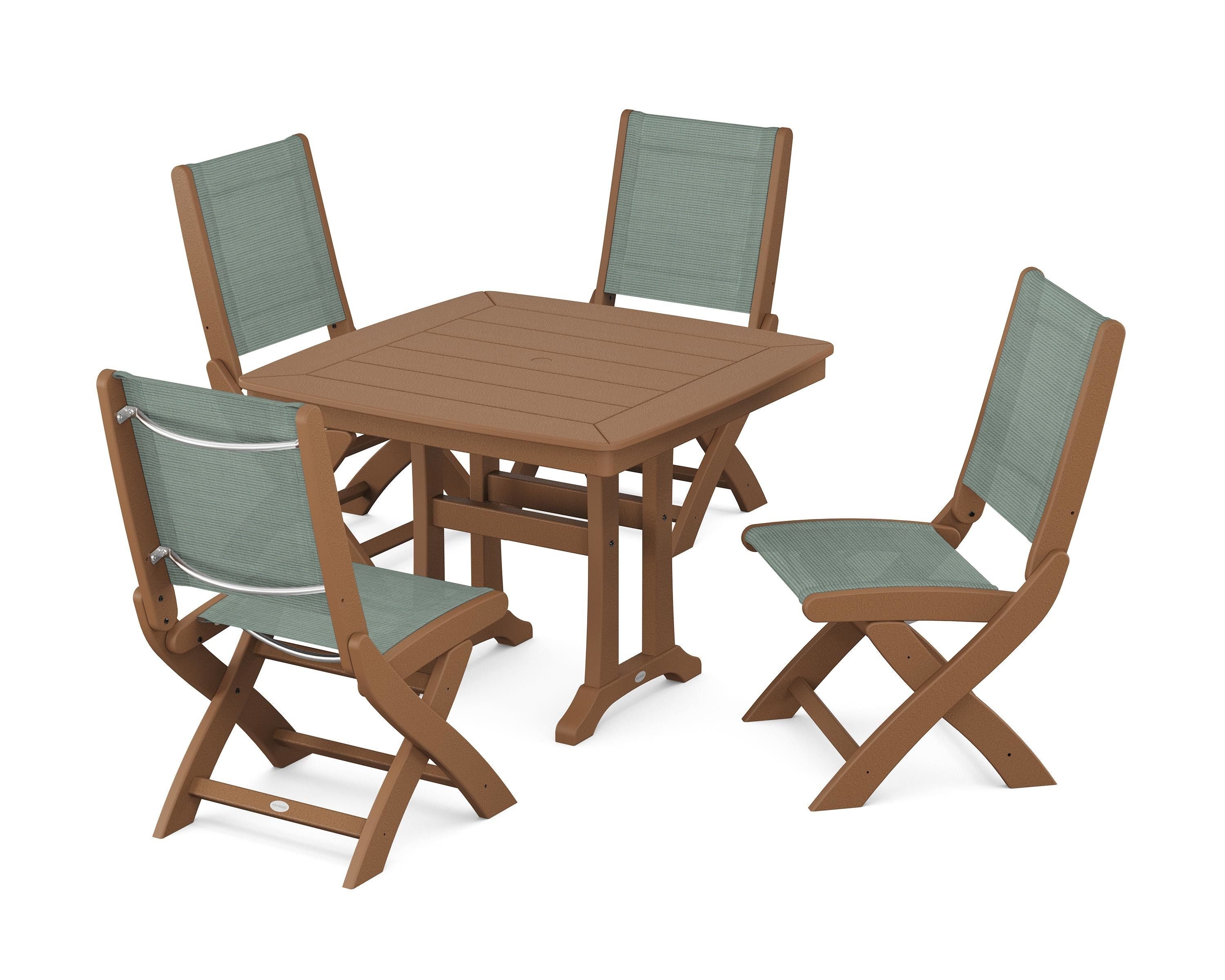 POLYWOOD Coastal Folding Side Chair 5-Piece Dining Set with Trestle Legs in Teak / Dupioni Sea Mist Sling