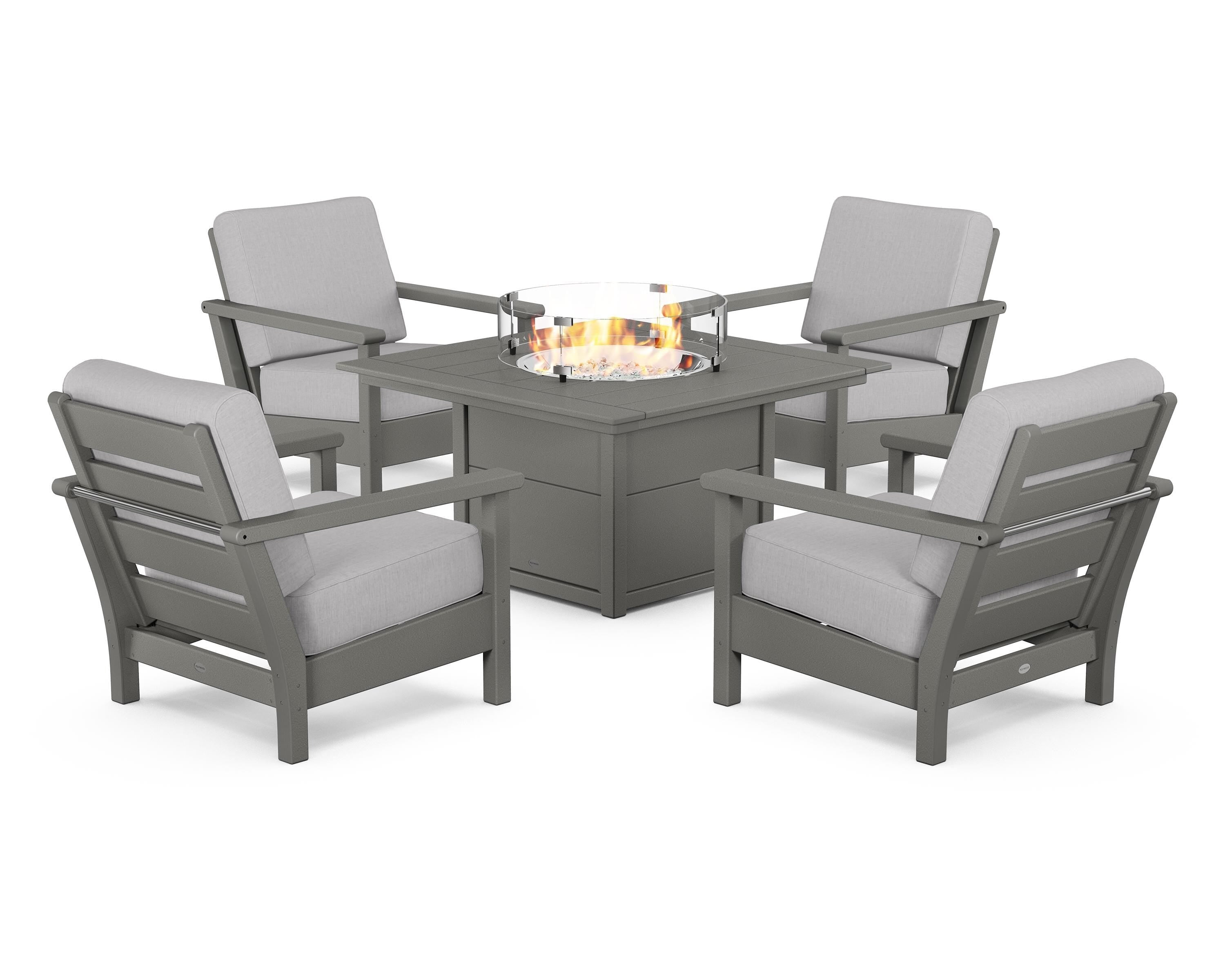 POLYWOOD Harbour 5-Piece Conversation Set with Fire Pit Table in Slate Grey / Granite