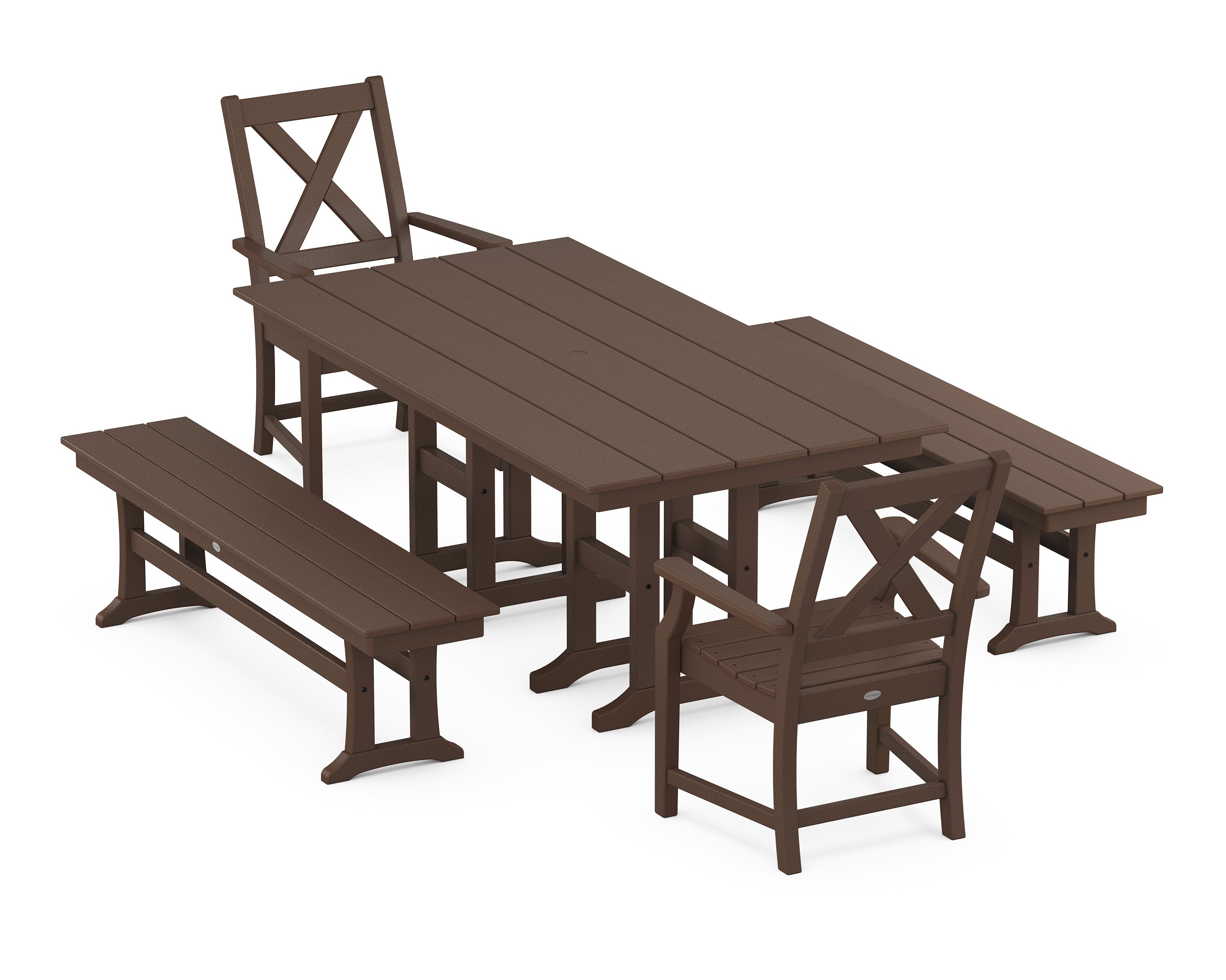POLYWOOD Braxton 5-Piece Farmhouse Dining Set with Benches in Mahogany