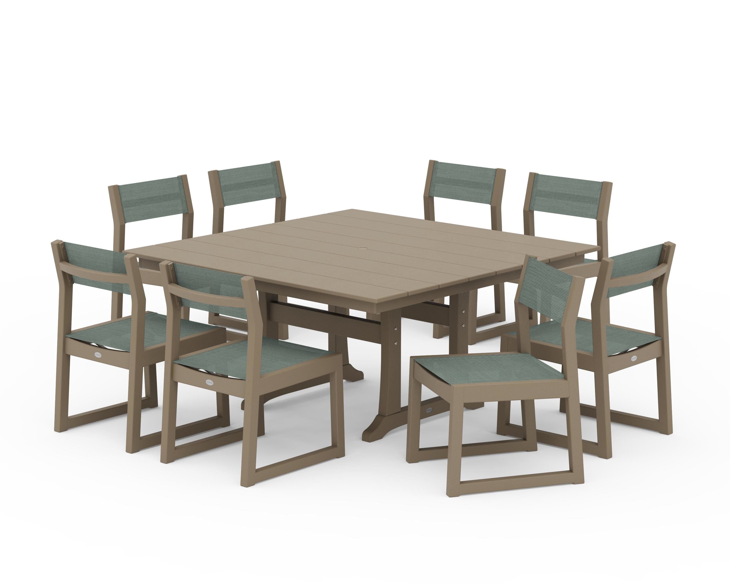 POLYWOOD EDGE Sling Side Chair 9-Piece Farmhouse Trestle Dining Set in Vintage Sahara / Dupioni Sea Mist Sling