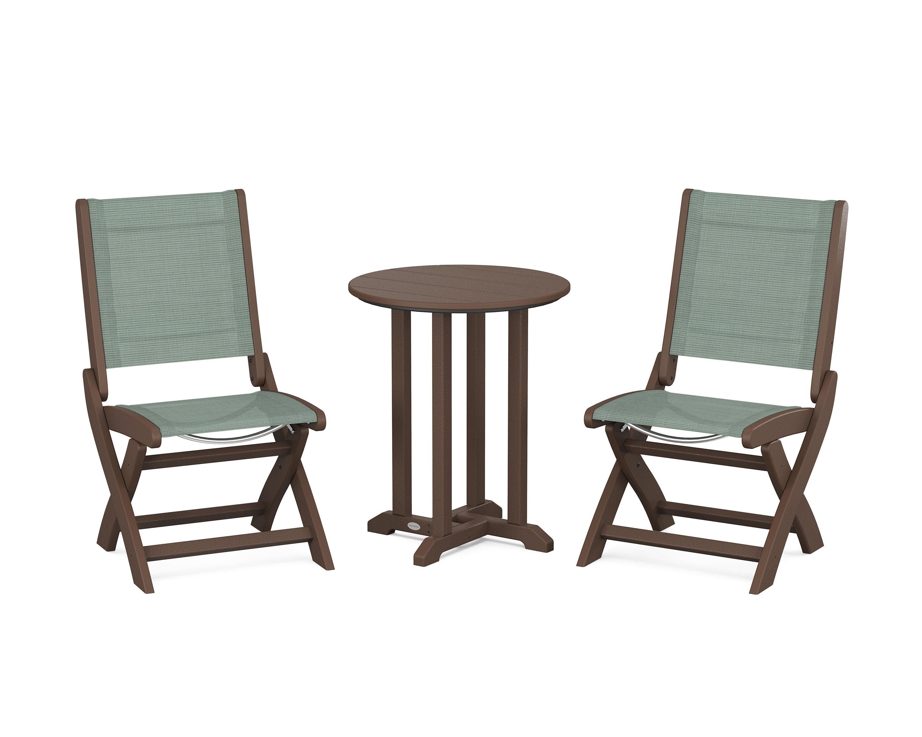 POLYWOOD Coastal Folding Side Chair 3-Piece Round Bistro Dining Set in Mahogany / Dupioni Sea Mist Sling