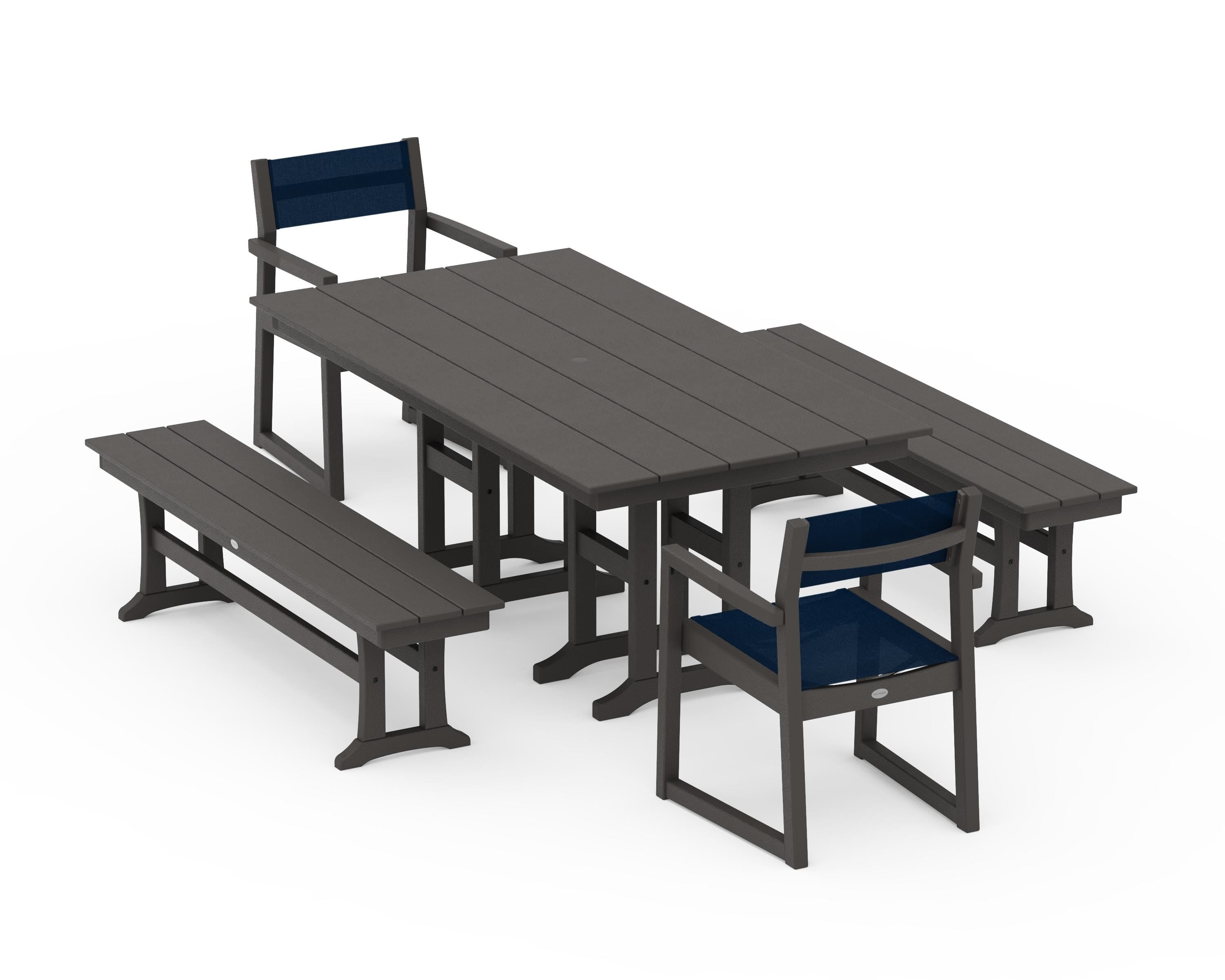 POLYWOOD EDGE Sling Arm Chair 5-Piece Farmhouse Dining Set with Benches in Vintage Coffee / Navy Blue Sling
