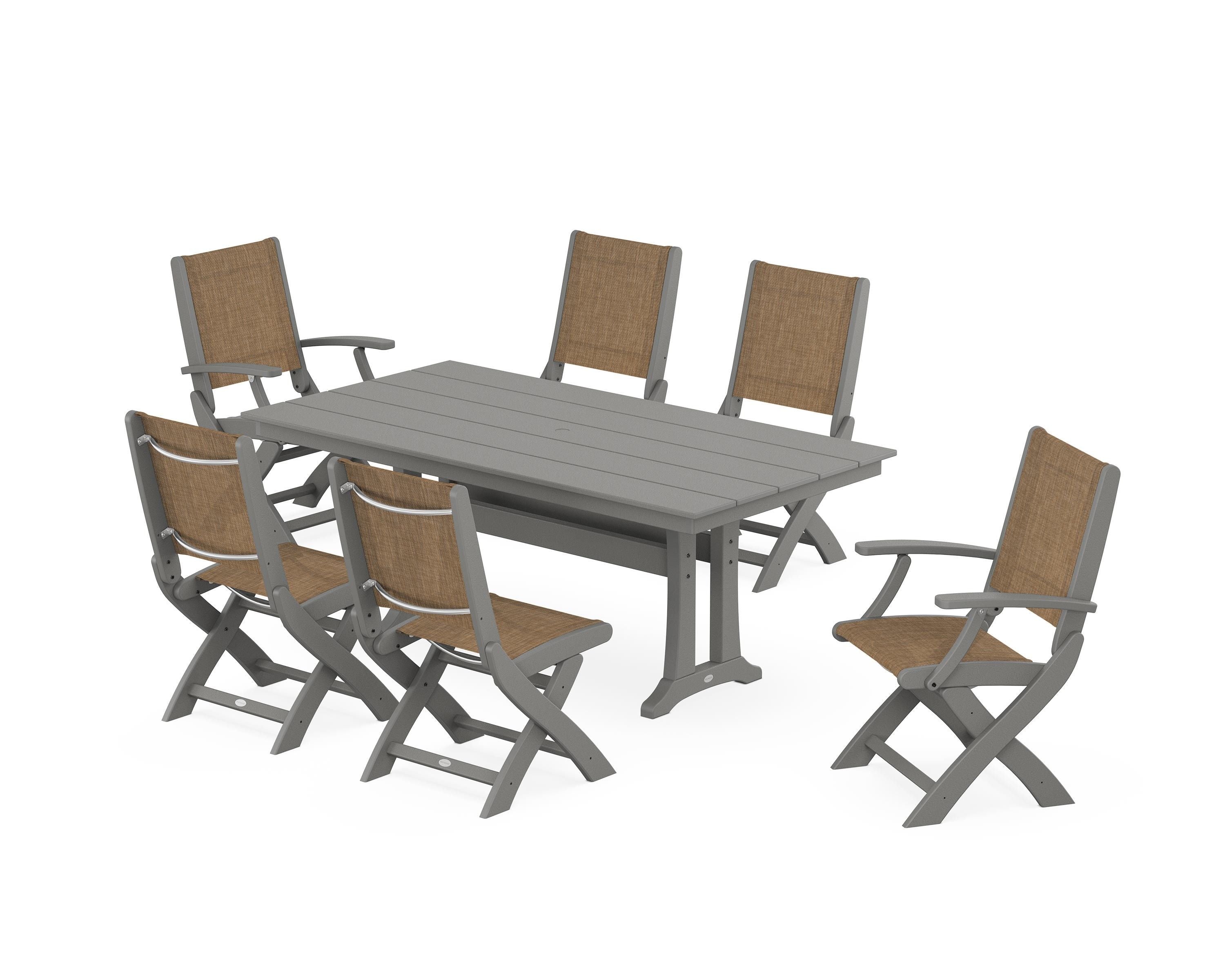POLYWOOD Coastal Folding Chair 7-Piece Farmhouse Dining Set with Trestle Legs in Slate Grey / Burlap Sling