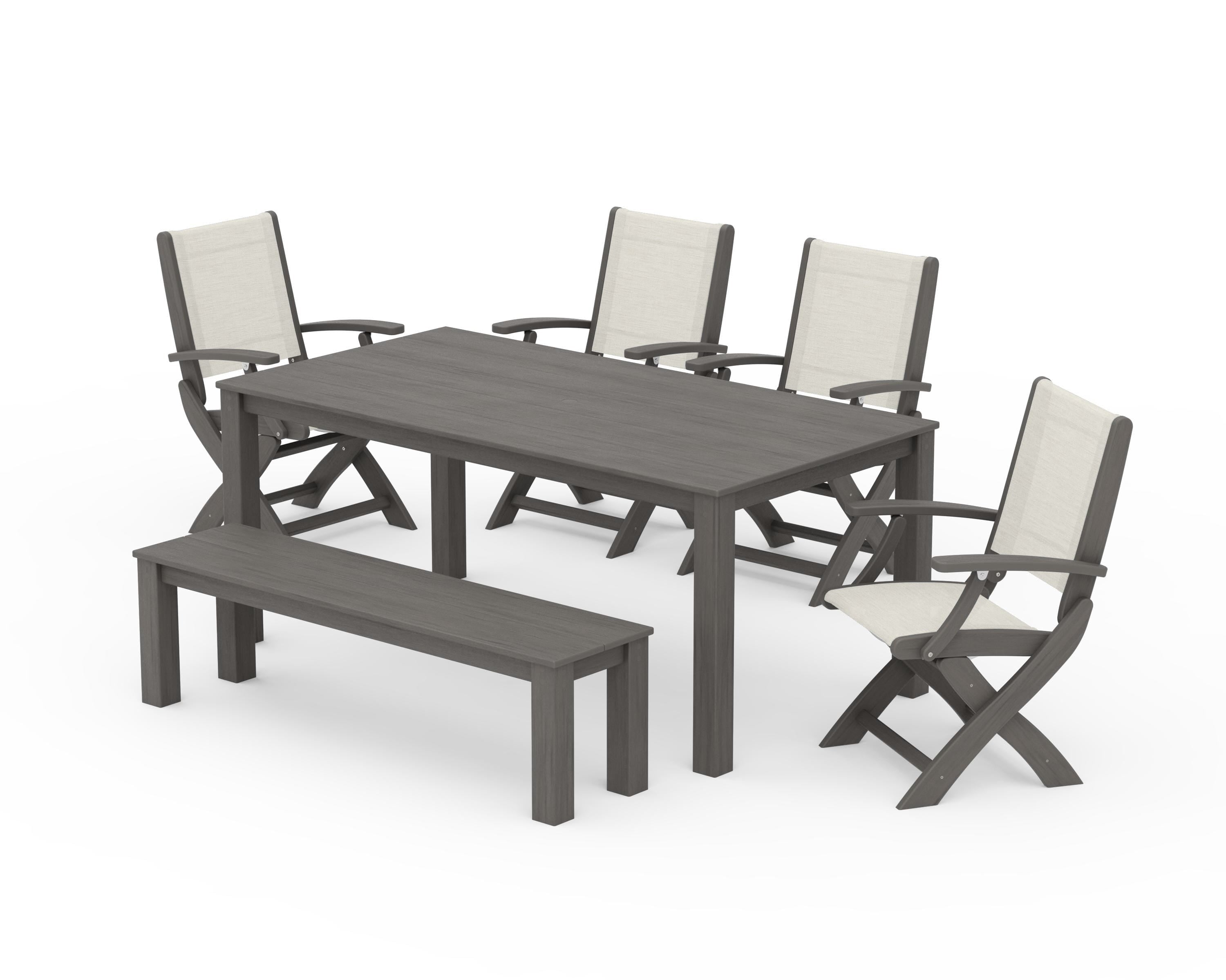 POLYWOOD Coastal Folding Chair 6-Piece Parsons Dining Set with Bench in Driftwood / Parchment Sling