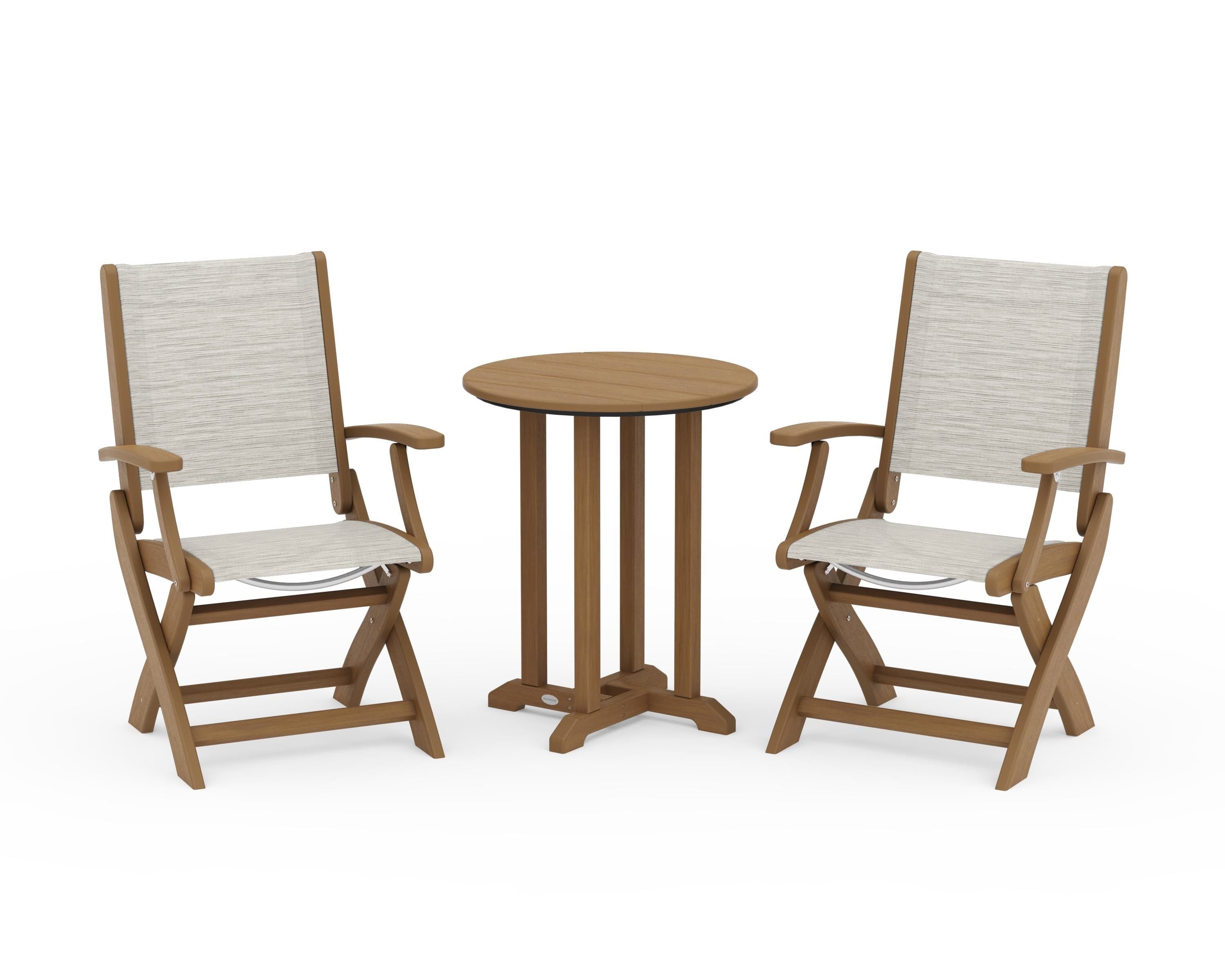 POLYWOOD Coastal Folding 3-Piece Round Bistro Dining Set in Natural / Birch Sling
