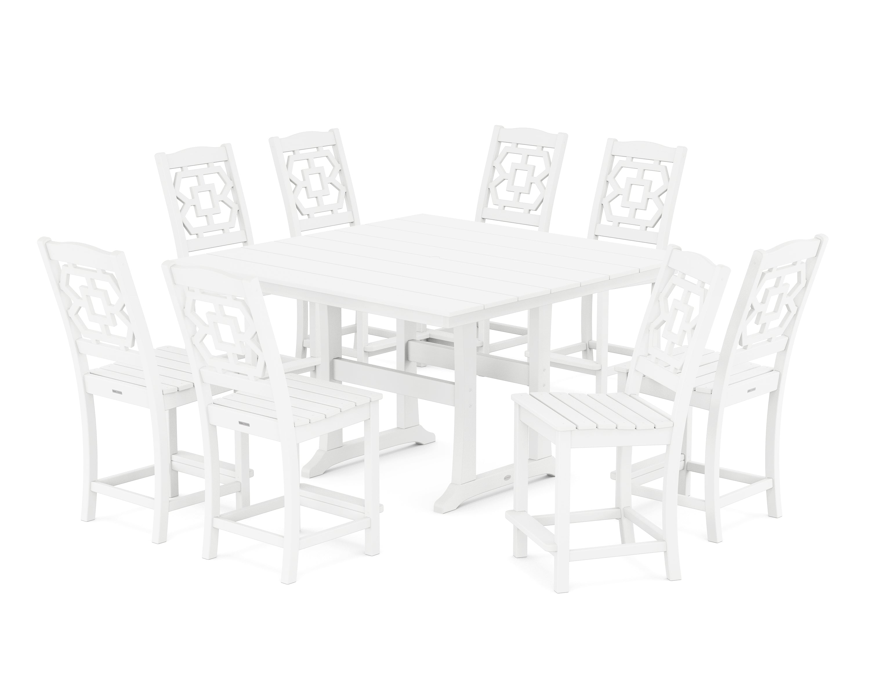 Martha Stewart by POLYWOOD Chinoiserie 9-Piece Square Farmhouse Side Chair Counter Set with Trestle Legs in White