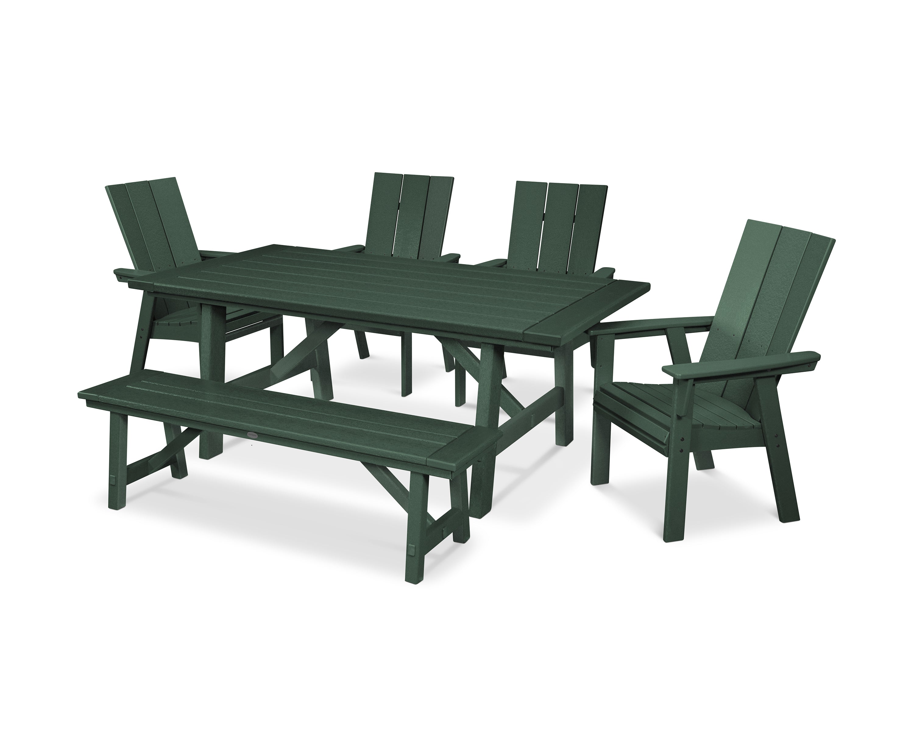 POLYWOOD® Modern Curveback Adirondack 6-Piece Rustic Farmhouse Dining Set with Bench in Green