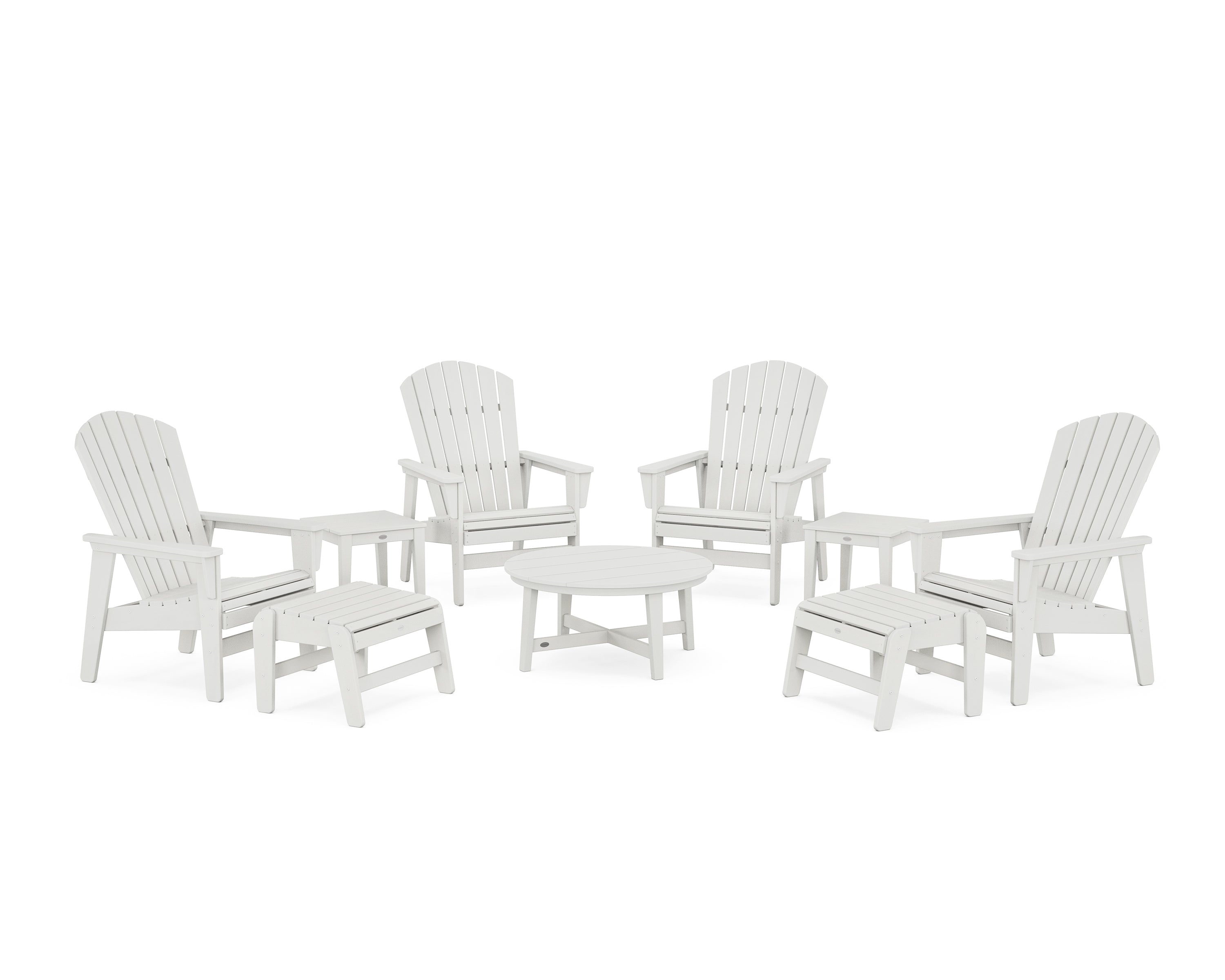 POLYWOOD® Nautical Grand Upright Adirondack 9-Piece Conversation Set in Vintage White