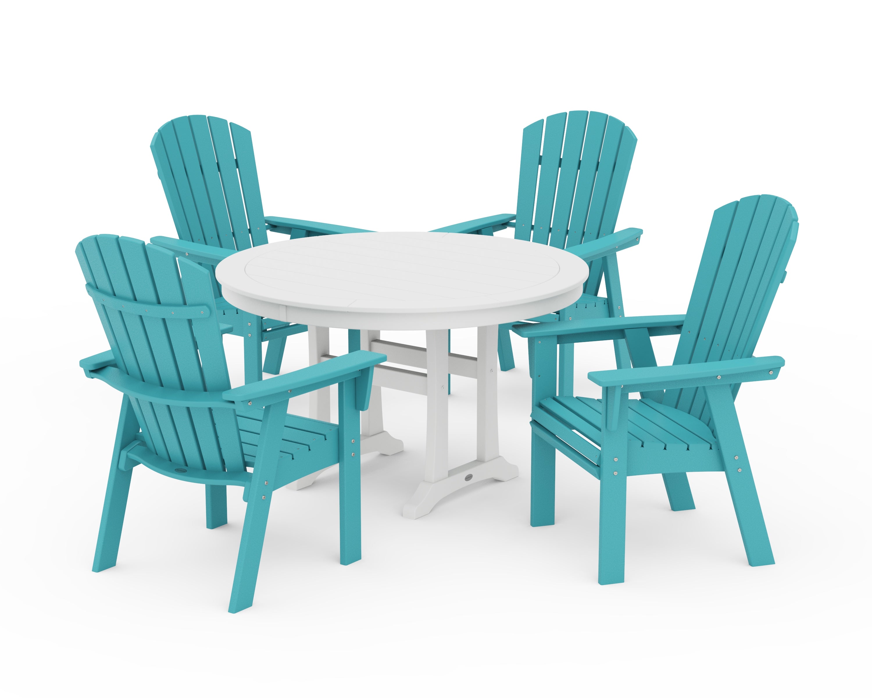 POLYWOOD Nautical Curveback Adirondack 5-Piece Round Dining Set with Trestle Legs in Aruba / White