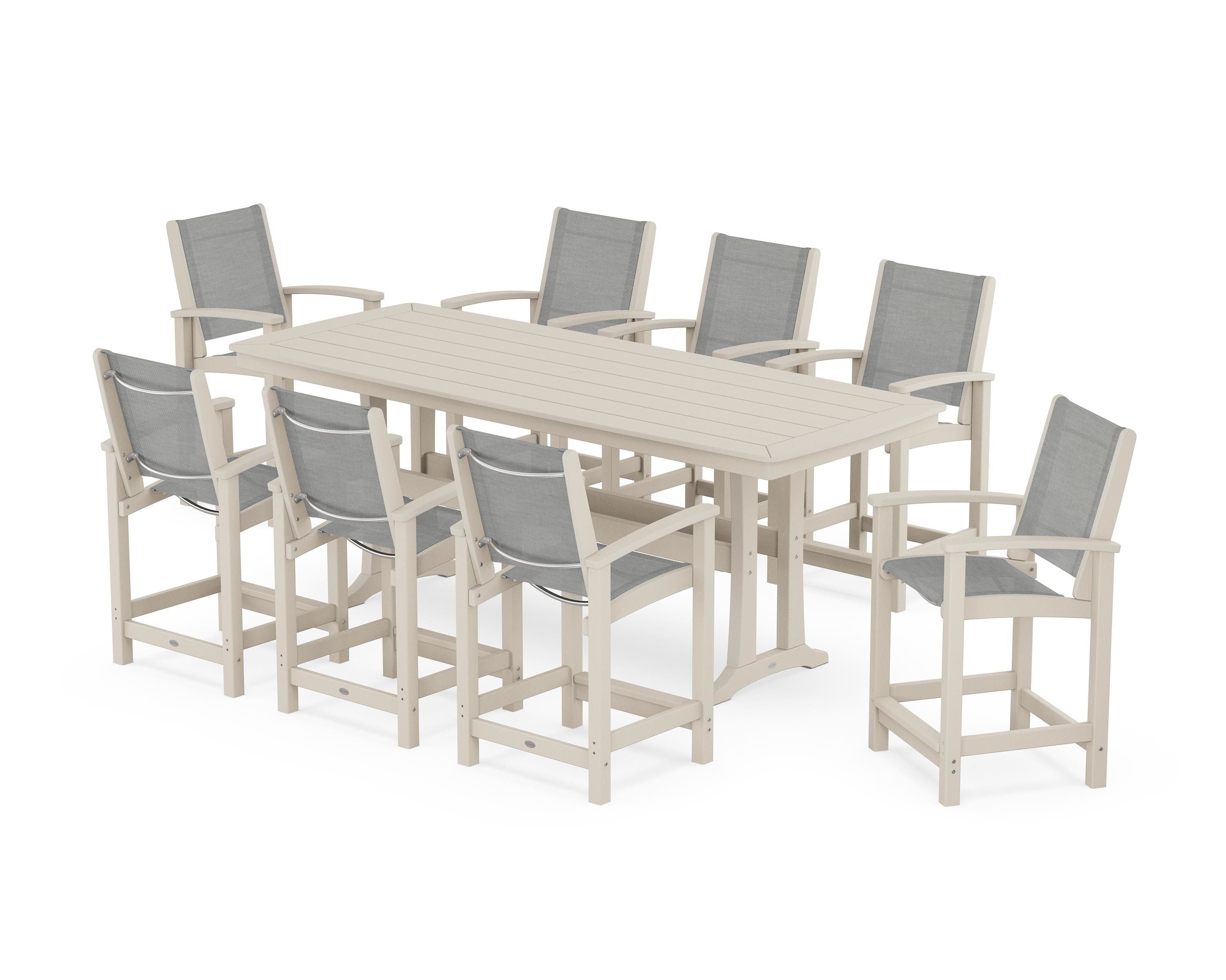 POLYWOOD Coastal 9-Piece Counter Set with Trestle Legs in Sand / Metallic Sling
