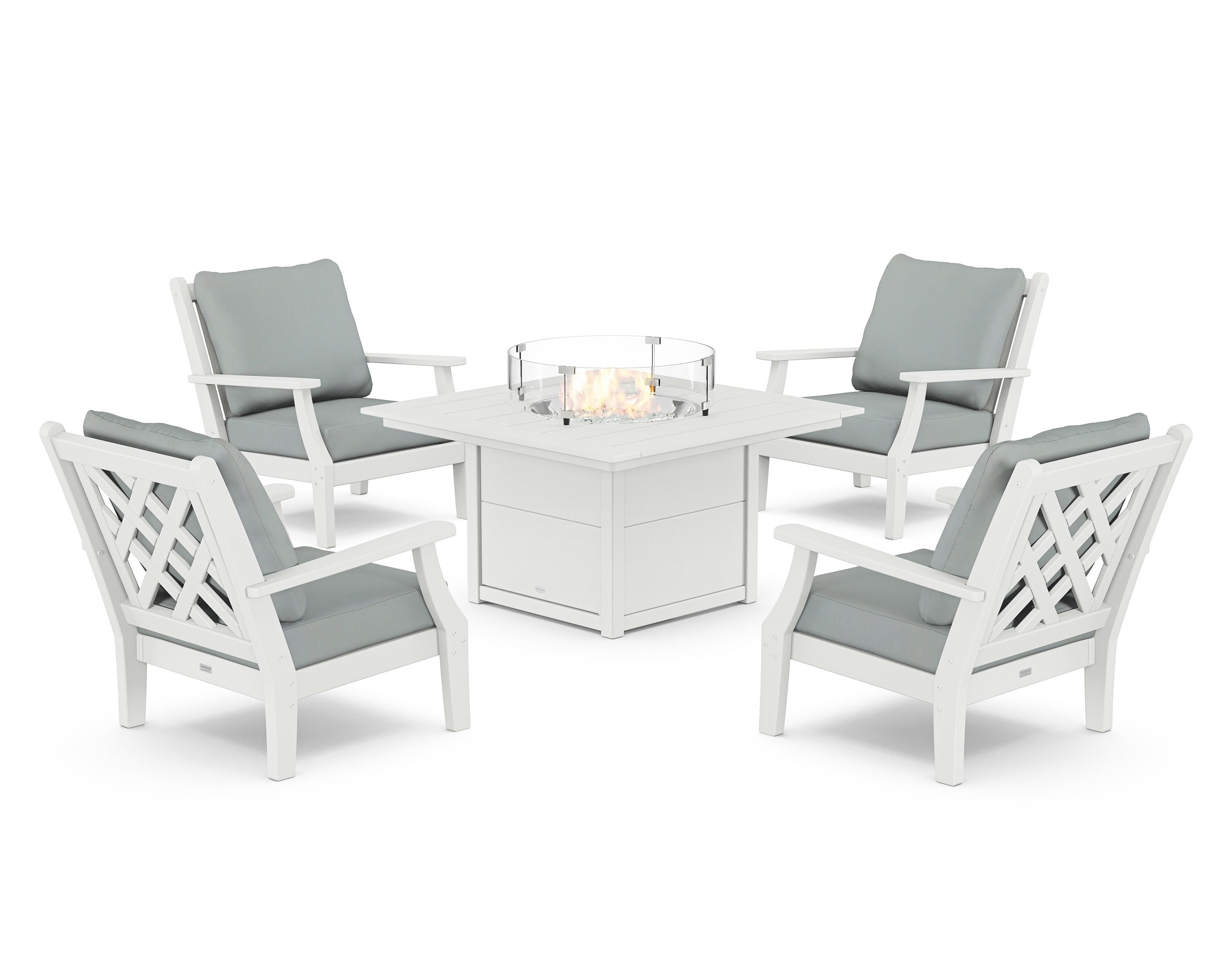 Country Living Wovendale 5-Piece Deep Seating Set with Fire Pit Table in White / Spa
