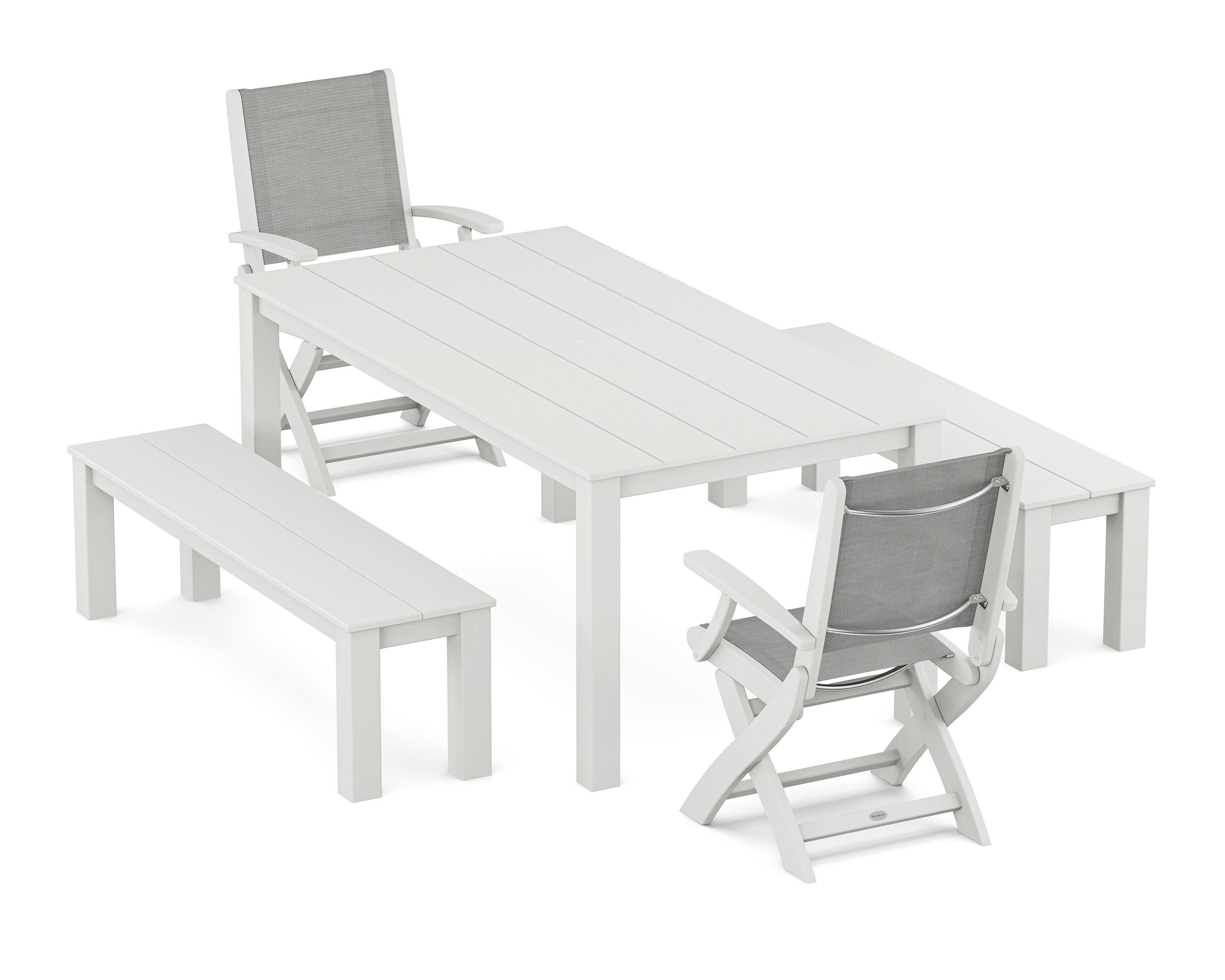 POLYWOOD Coastal Folding Chair 5-Piece Parsons Dining Set with Benches in White / Metallic Sling