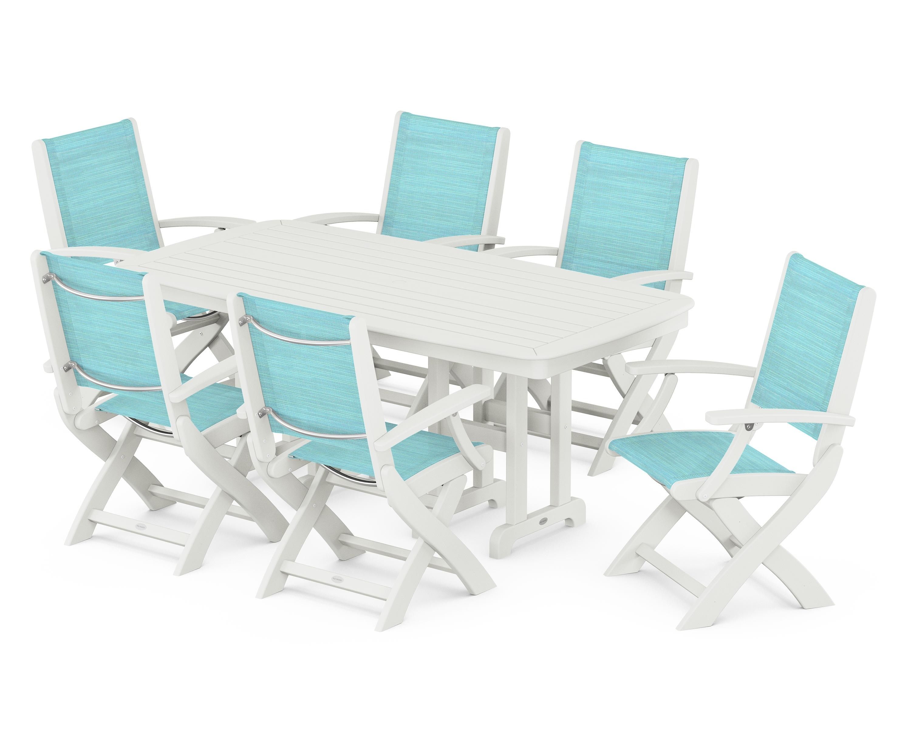 POLYWOOD Coastal Folding Arm Chair 7-Piece Dining Set in Vintage White / Dupioni Aquamarine Sling