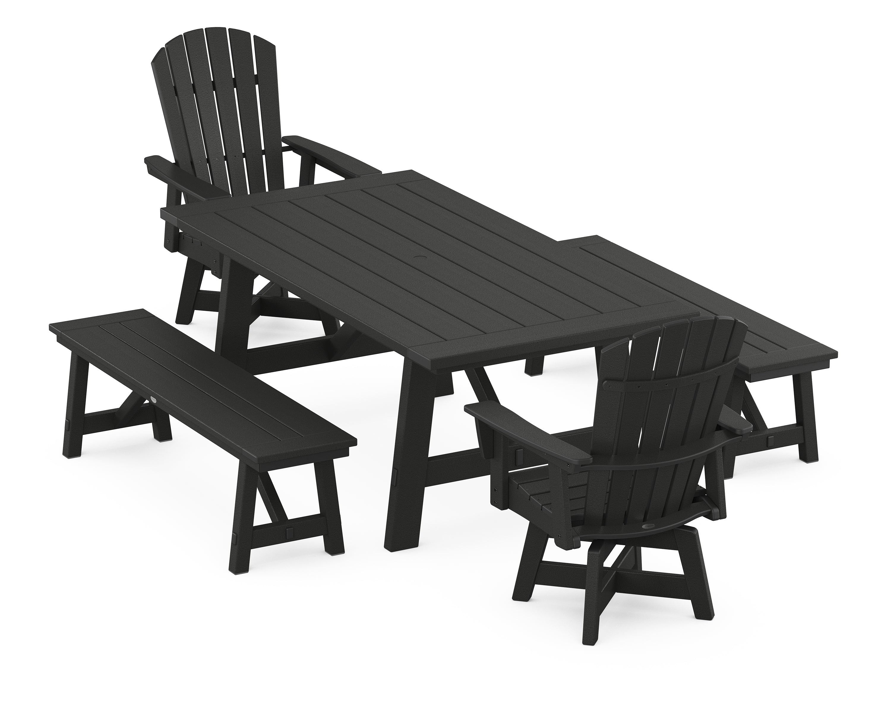 POLYWOOD Nautical Curveback Adirondack Swivel Chair 5-Piece Rustic Farmhouse Dining Set With Benches in Black