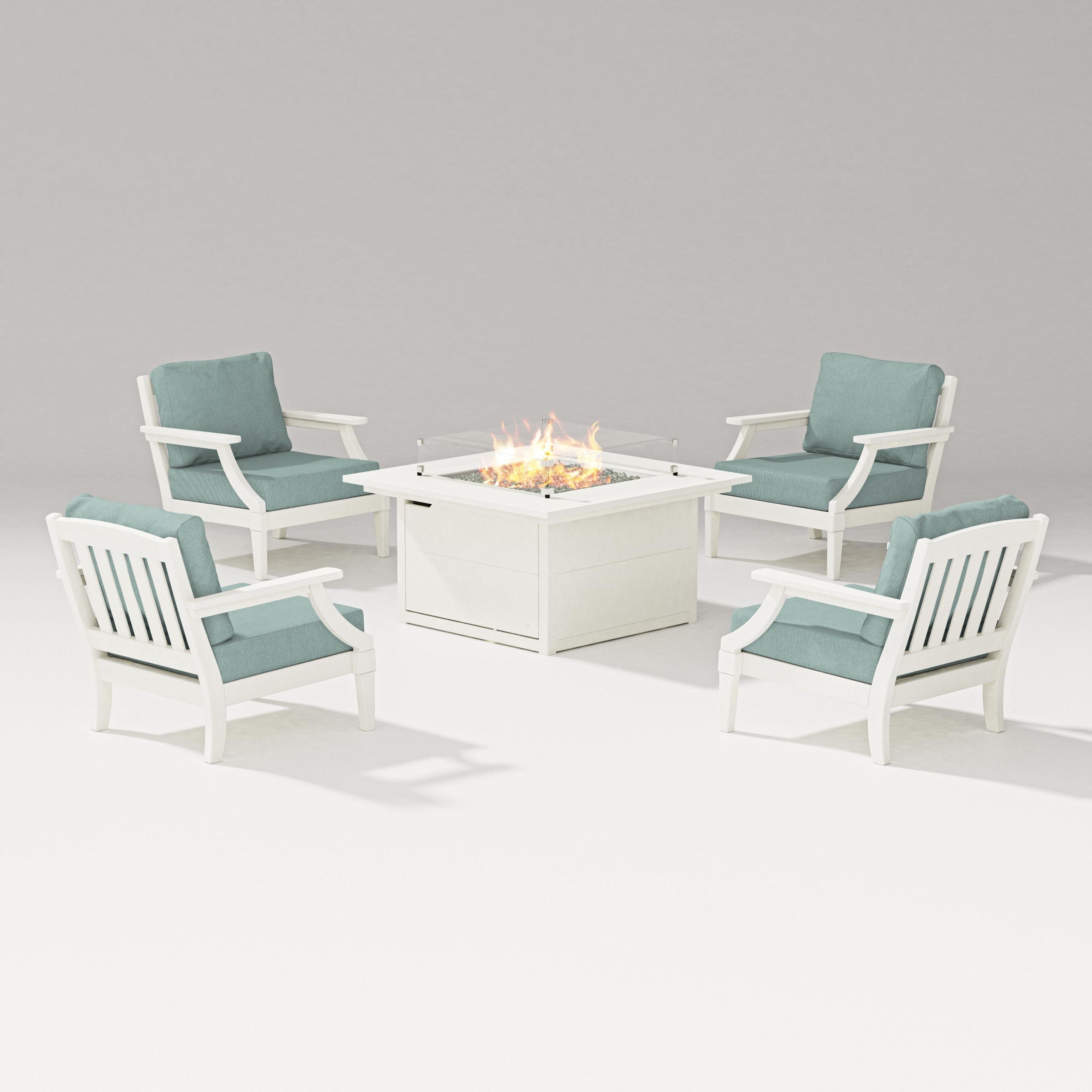 PW Designer Series Estate 5-Piece Lounge Fire Table Set in Vintage White / Glacier Spa