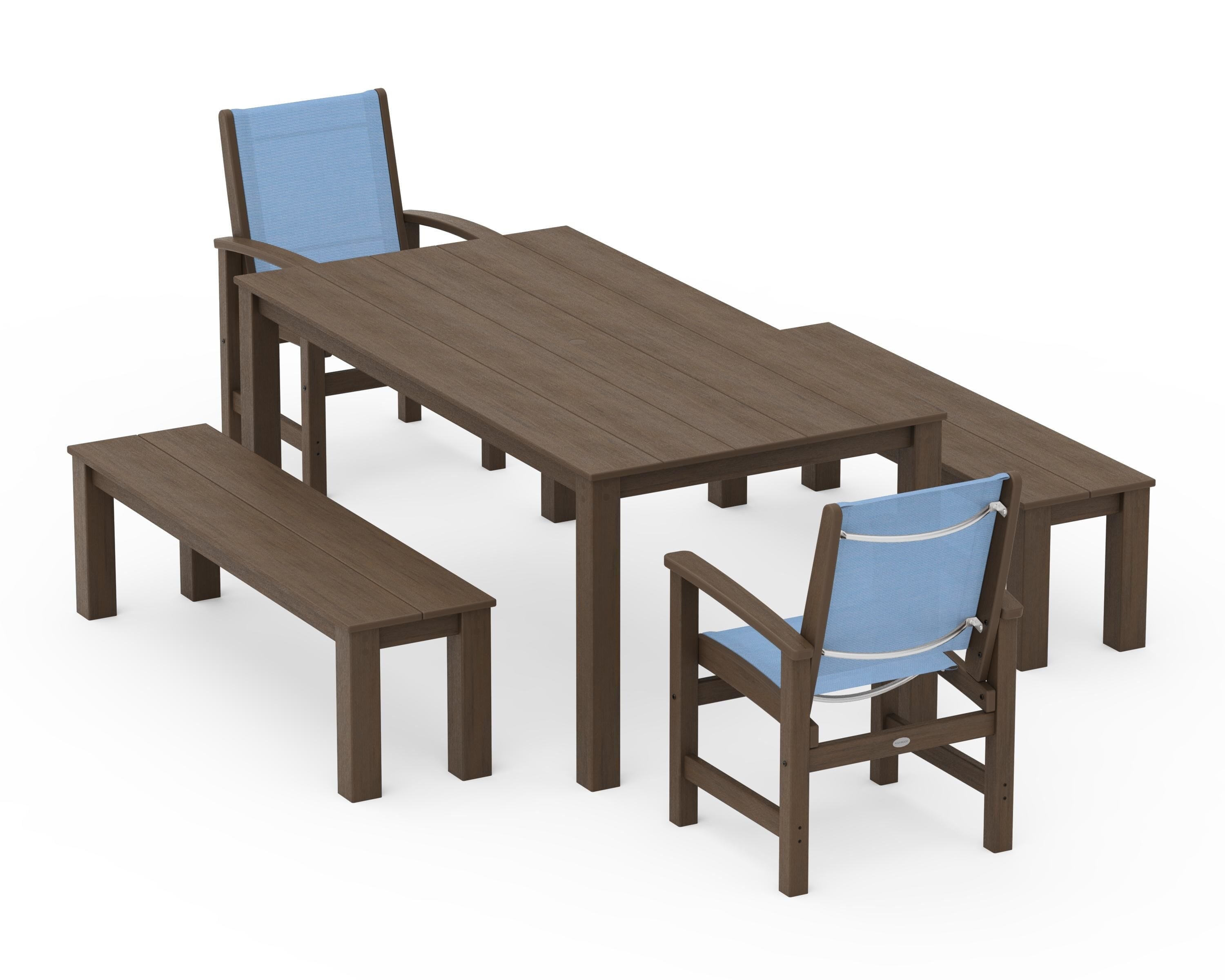 POLYWOOD Coastal 5-Piece Parsons Dining Set with Benches in Kona / Poolside Sling