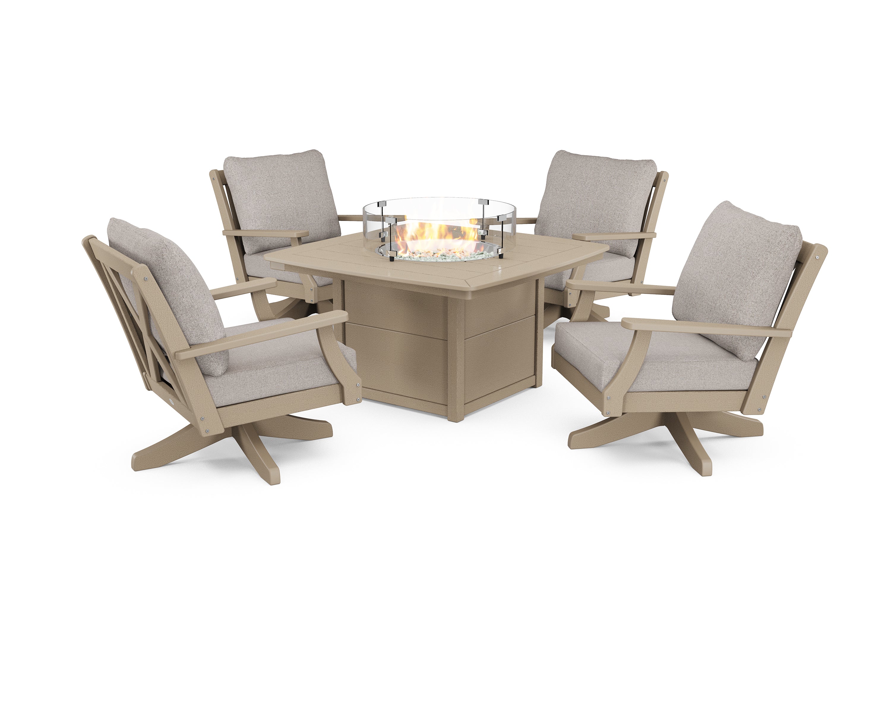POLYWOOD Braxton 5-Piece Deep Seating Swivel Conversation Set with Fire Pit Table in Vintage Sahara / Weathered Tweed