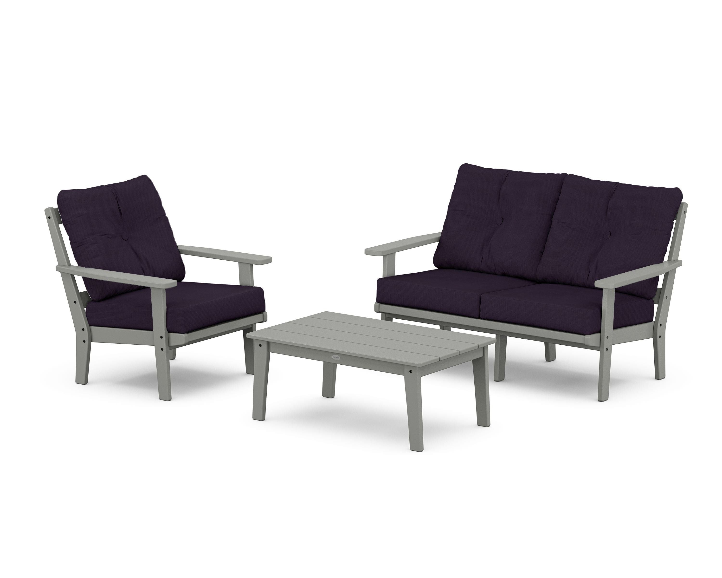POLYWOOD Prairie 3-Piece Deep Seating Set with Loveseat in Slate Grey / Navy Linen