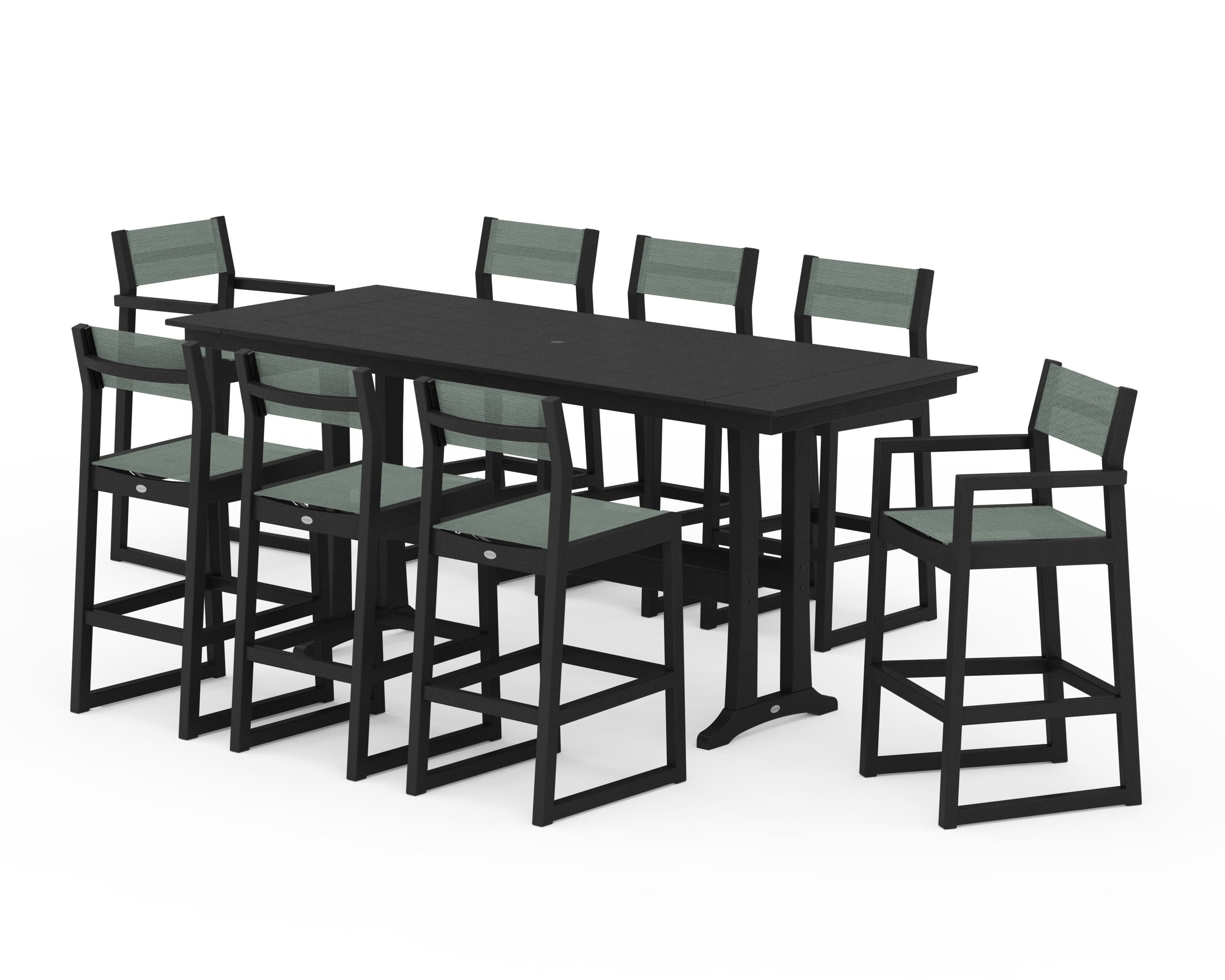 POLYWOOD EDGE Sling 9-Piece Farmhouse Bar Set with Trestle Legs in Black / Dupioni Sea Mist Sling