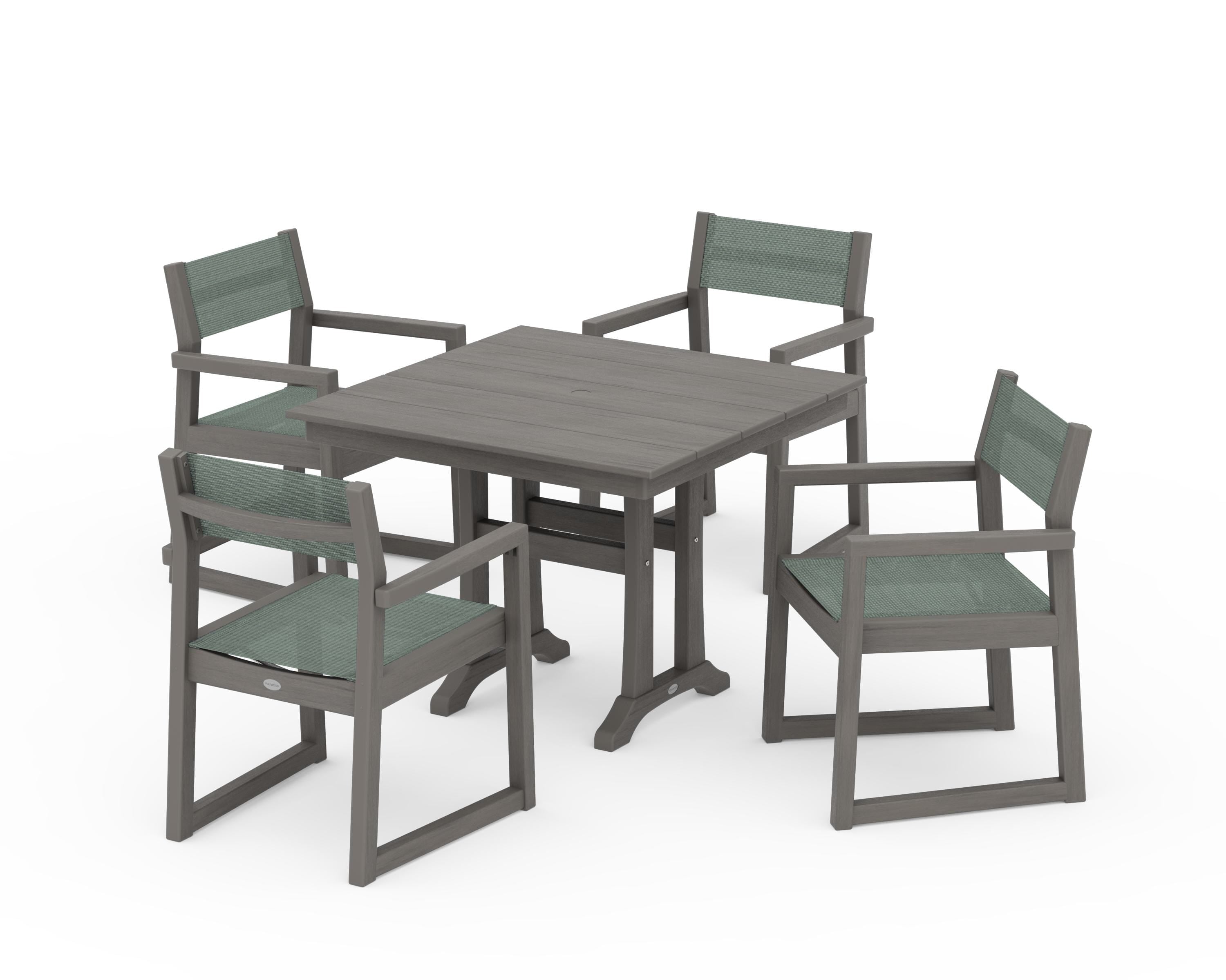POLYWOOD EDGE Sling 5-Piece Farmhouse Dining Set with Trestle Legs in Driftwood / Dupioni Sea Mist Sling